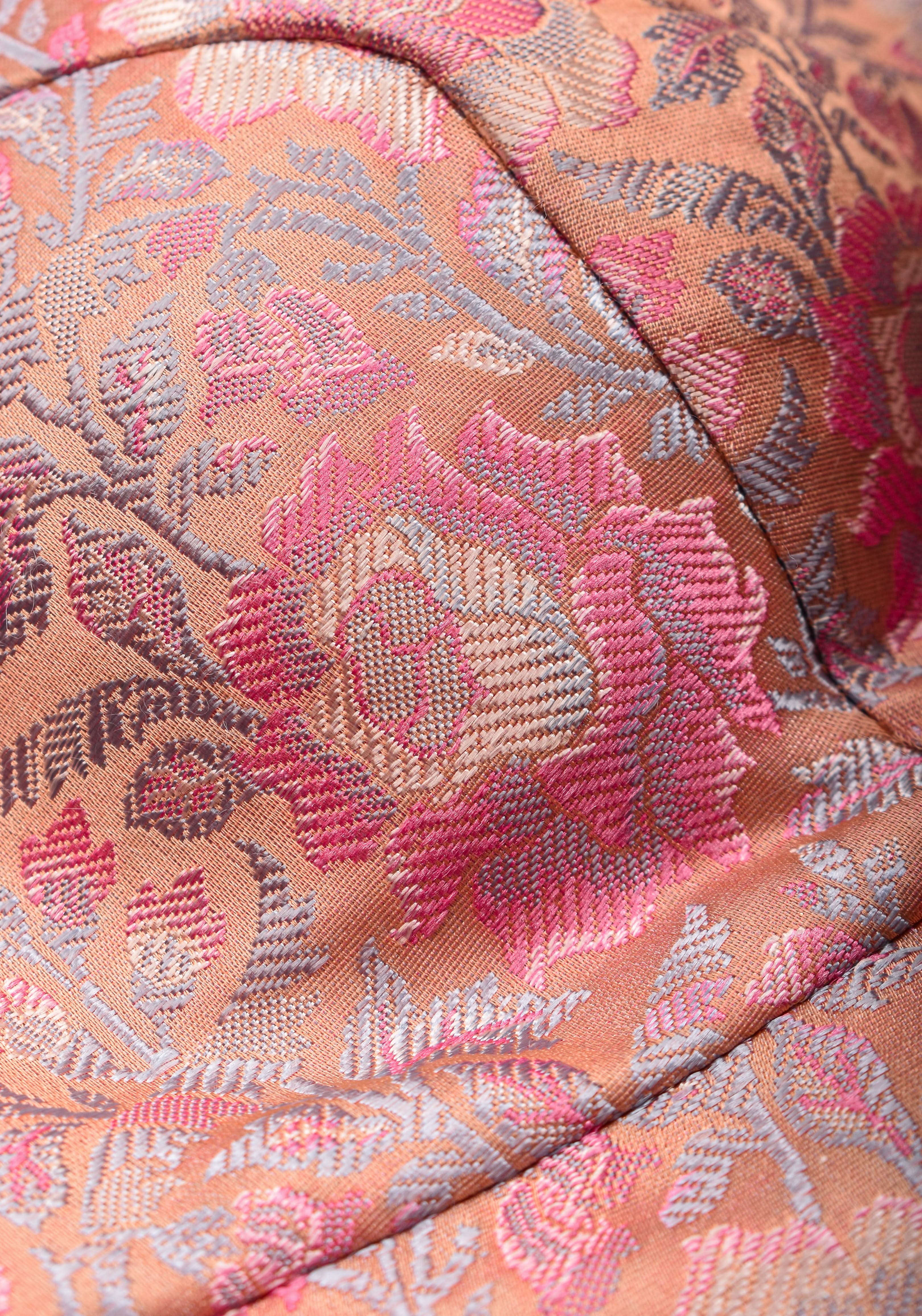 Pastel Pink Banarasi Tanchoi Floral Weave Blouse with Jewel neck and Potli Button detailing , Made to Order | Shobitam