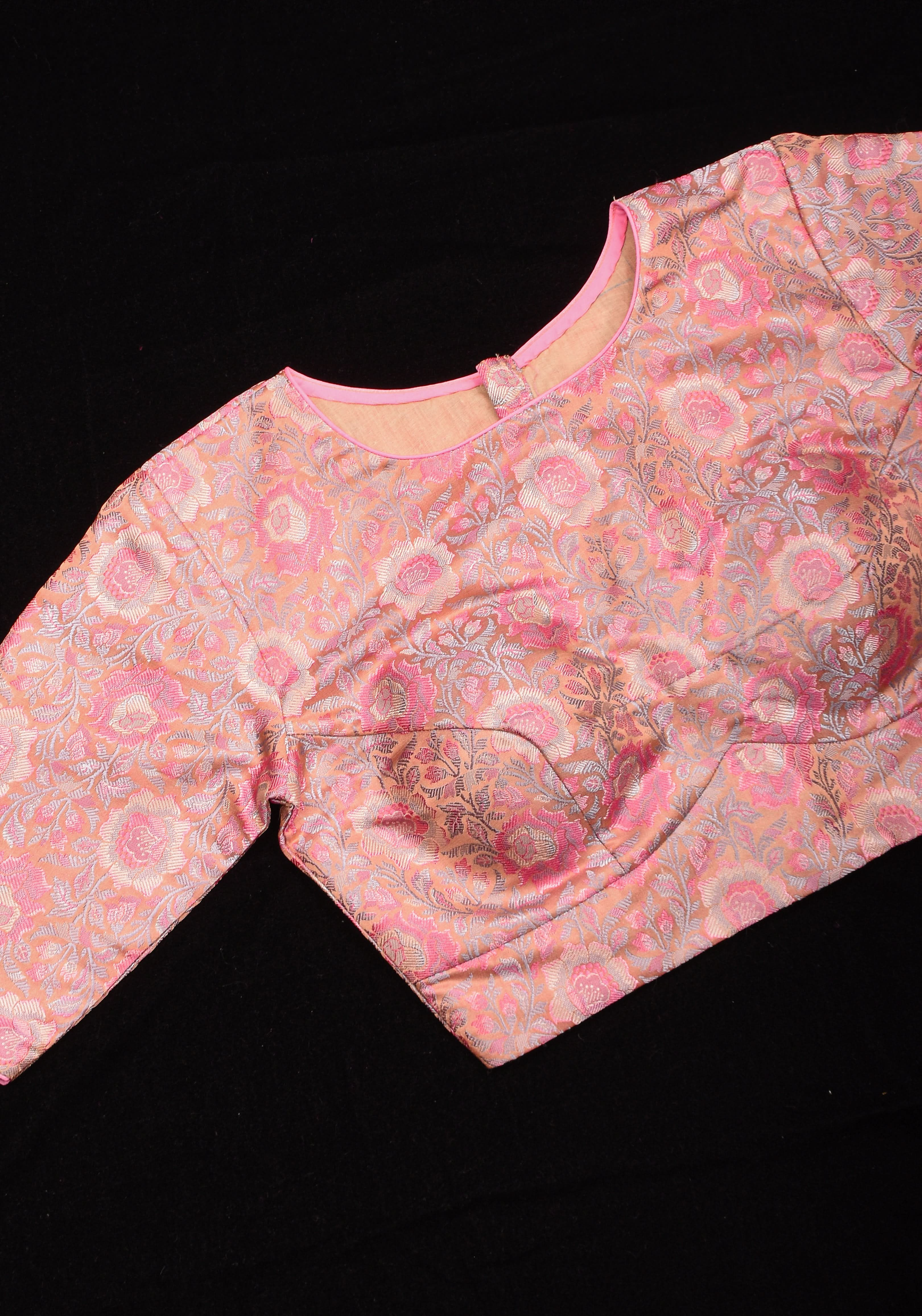 Pastel Pink Banarasi Tanchoi Floral Weave Blouse with Jewel neck and Potli Button detailing , Made to Order | Shobitam
