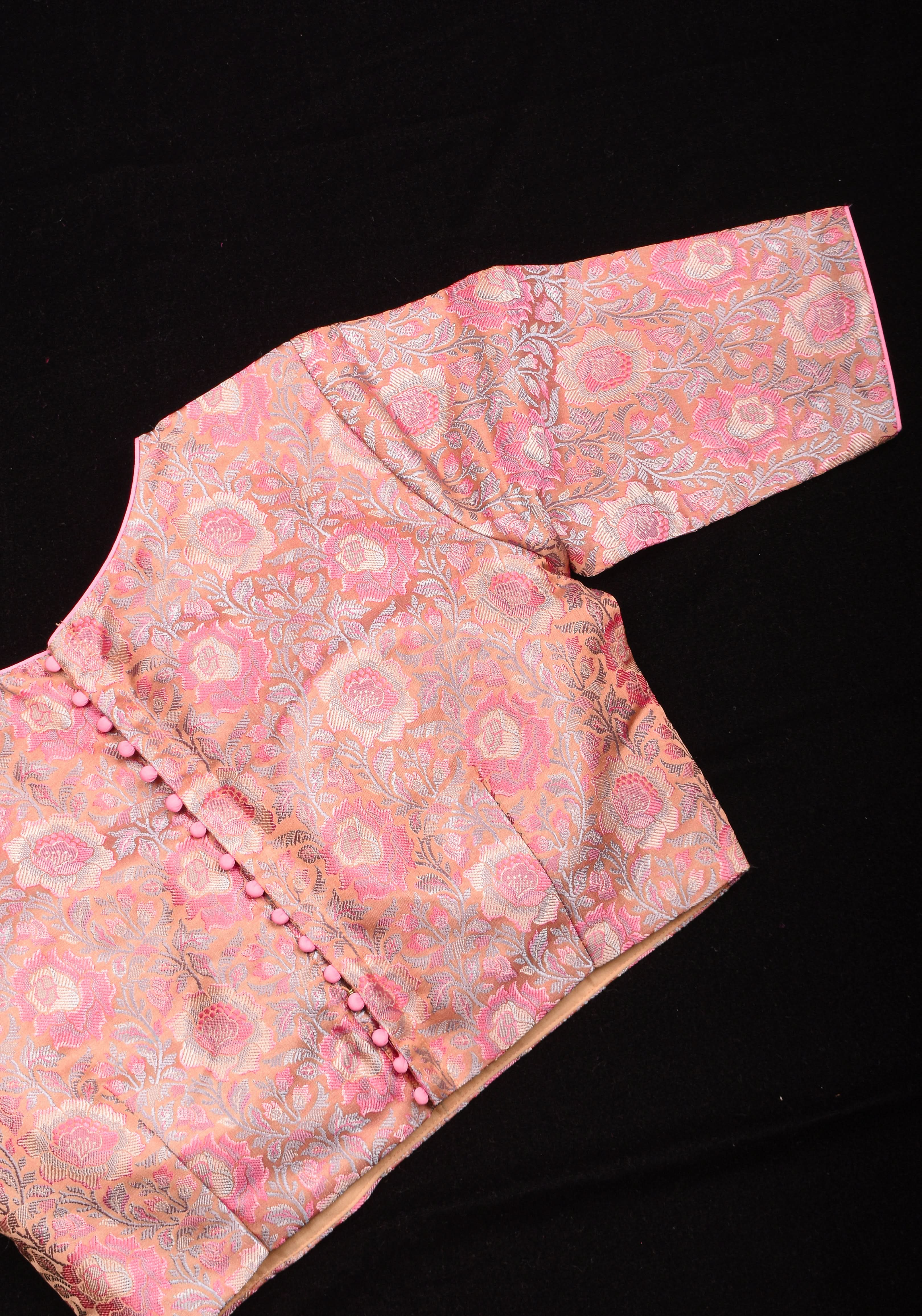 Pastel Pink Banarasi Tanchoi Floral Weave Blouse with Jewel neck and Potli Button detailing , Made to Order | Shobitam