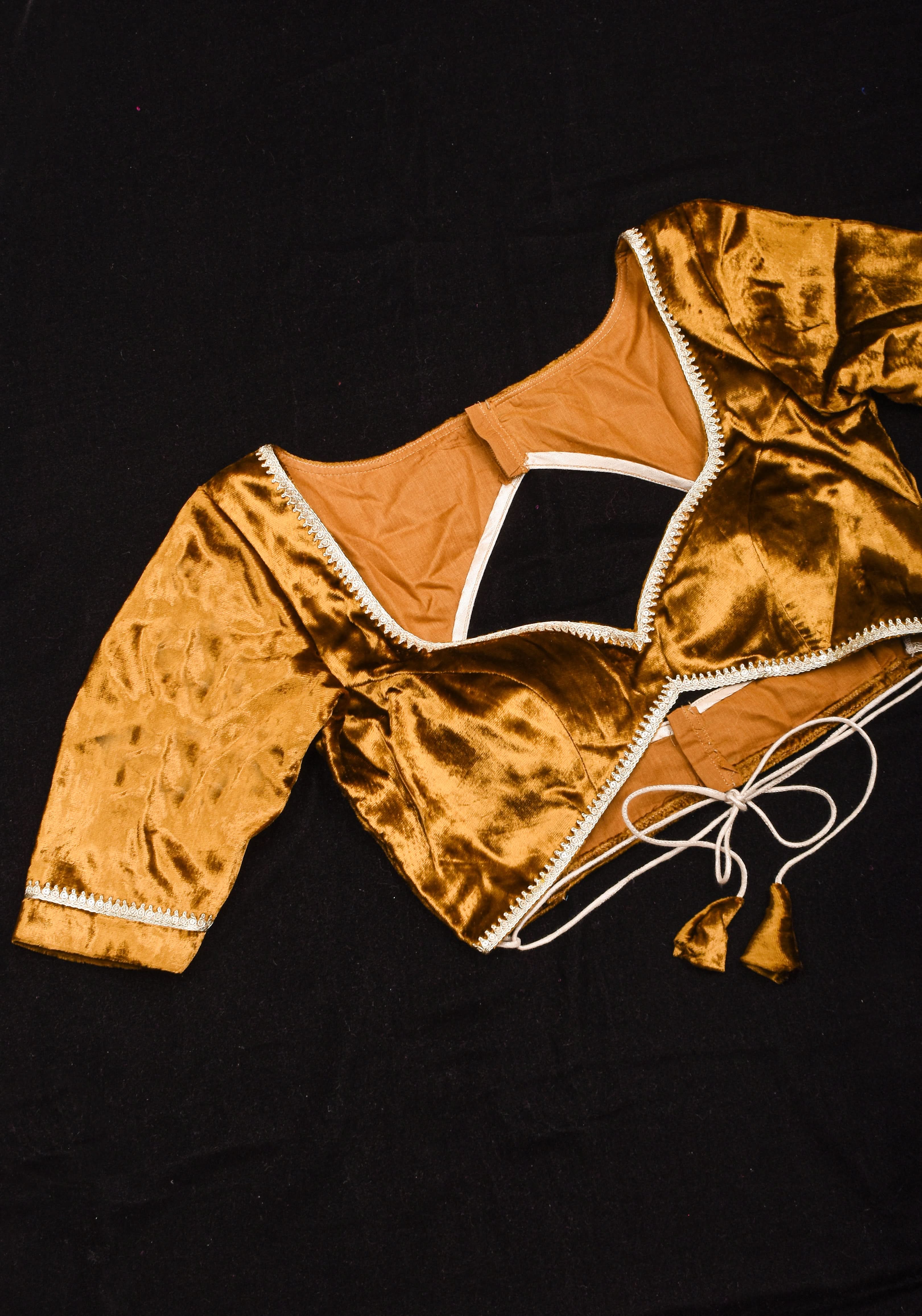 Exquisite Amber Brown Velvet Blouse with Deep Sweet Heart Neck and Tie up Detailing | Shobitam