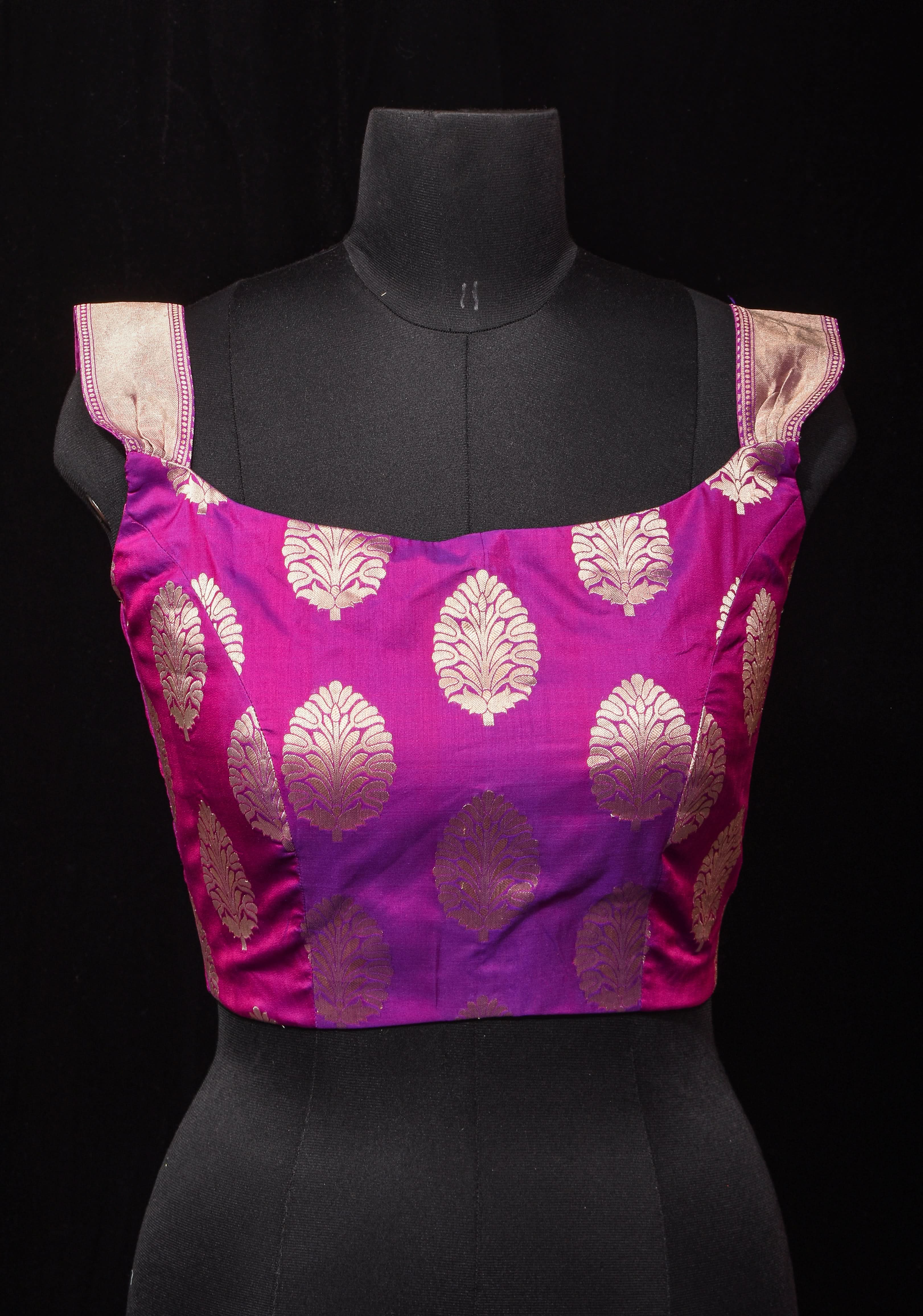 Purple Dual Tone Pure Banarasi Silk Big Zari Butta Blouse with Shoulder straps,customizable, made-to-order | Shobitam