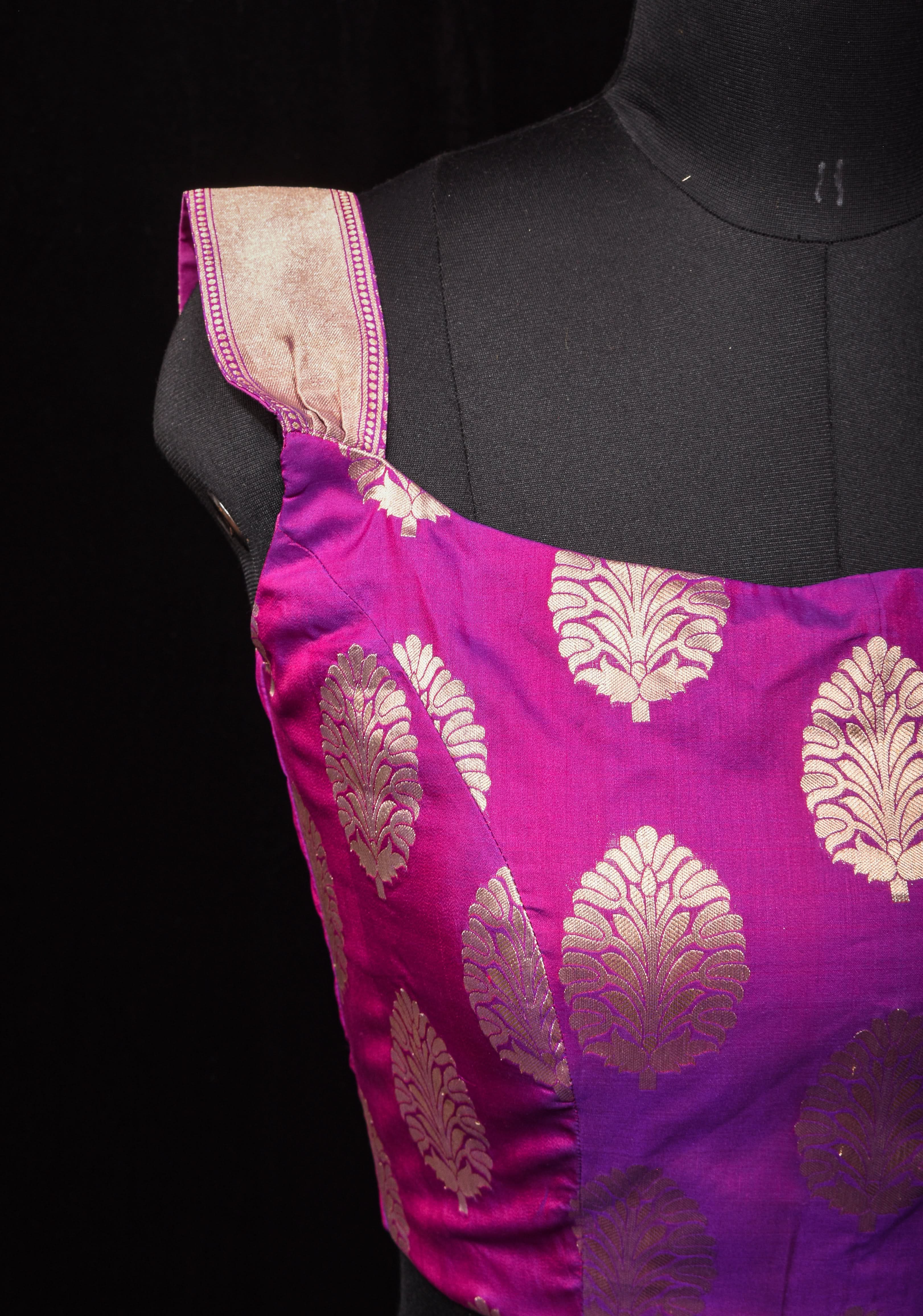 Purple Dual Tone Pure Banarasi Silk Big Zari Butta Blouse with Shoulder straps,customizable, made-to-order | Shobitam
