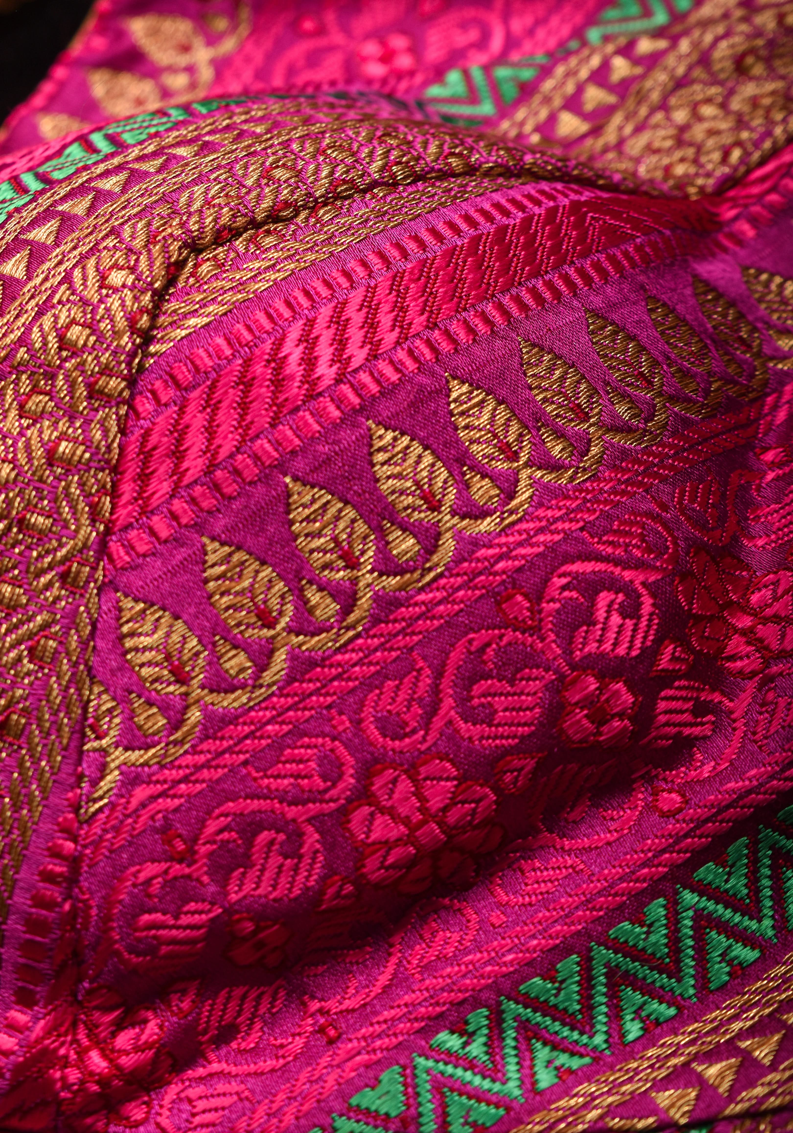 Rani Pink with Multicolor Striped Brocade Banarasi Blouse with V neck, Made to Order | Shobitam