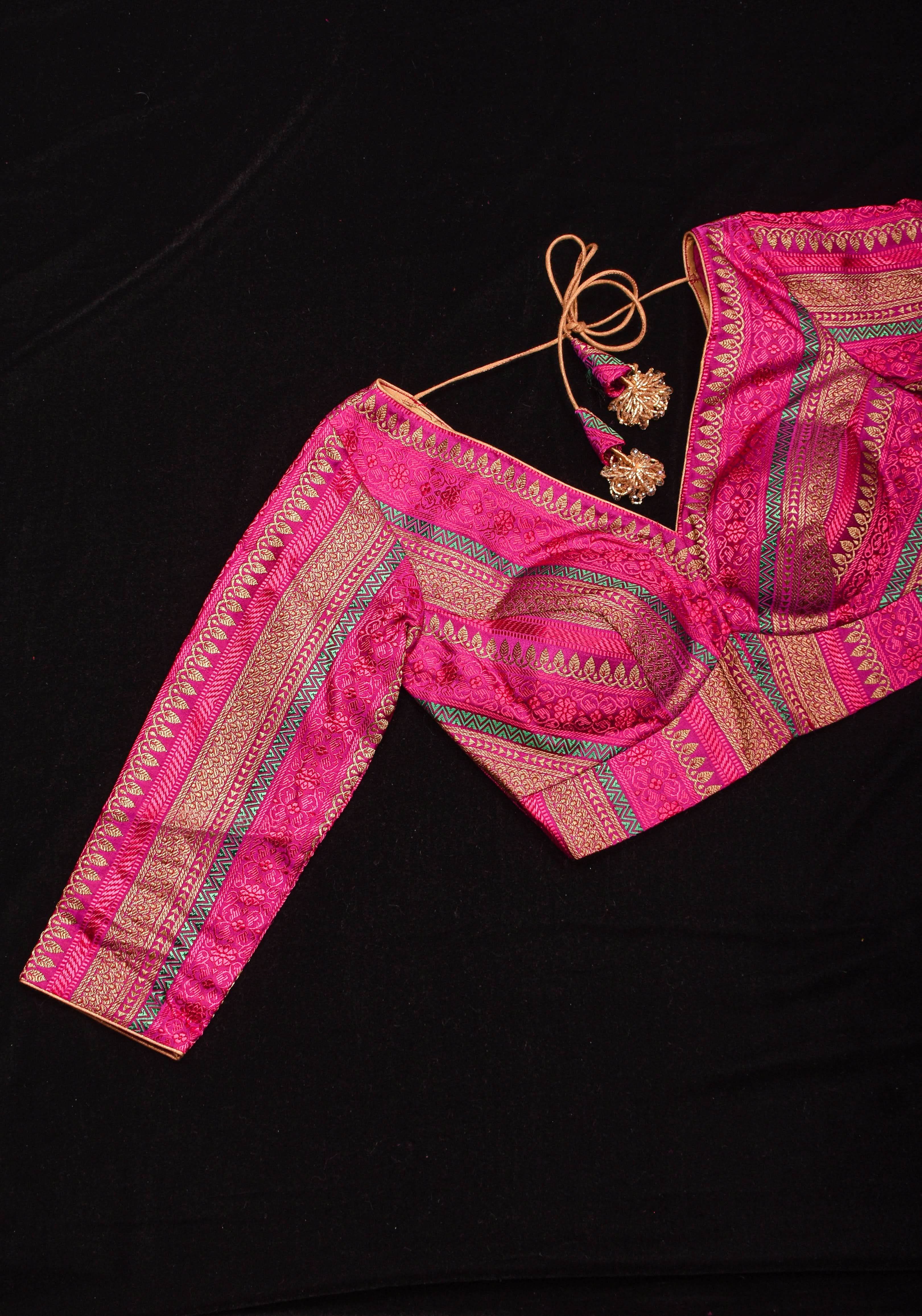 Rani Pink with Multicolor Striped Brocade Banarasi Blouse with V neck, Made to Order | Shobitam
