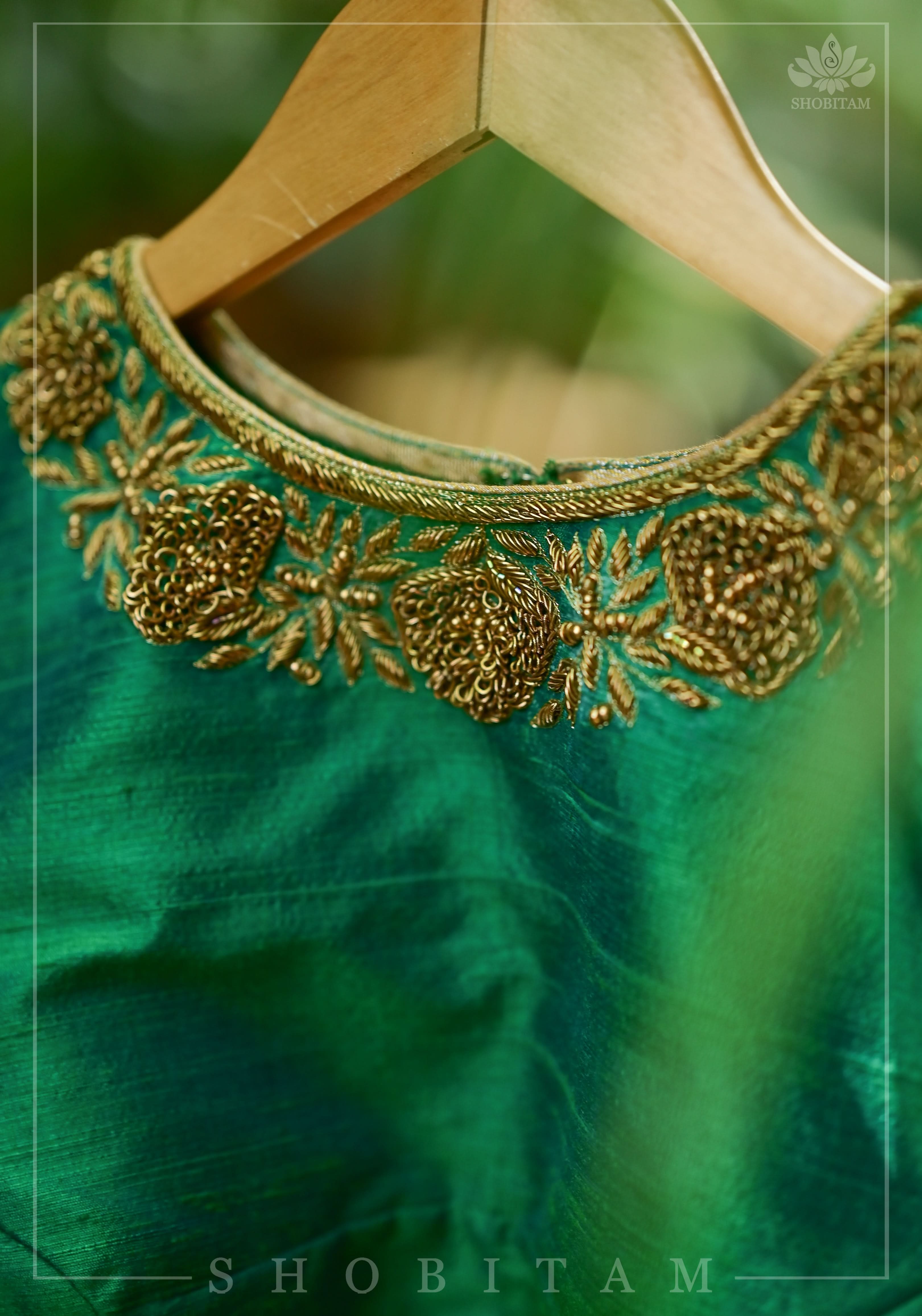 Green Dual Tone Pure Raw Silk Blouse with Antique Tone Zardosi work | Shobitam