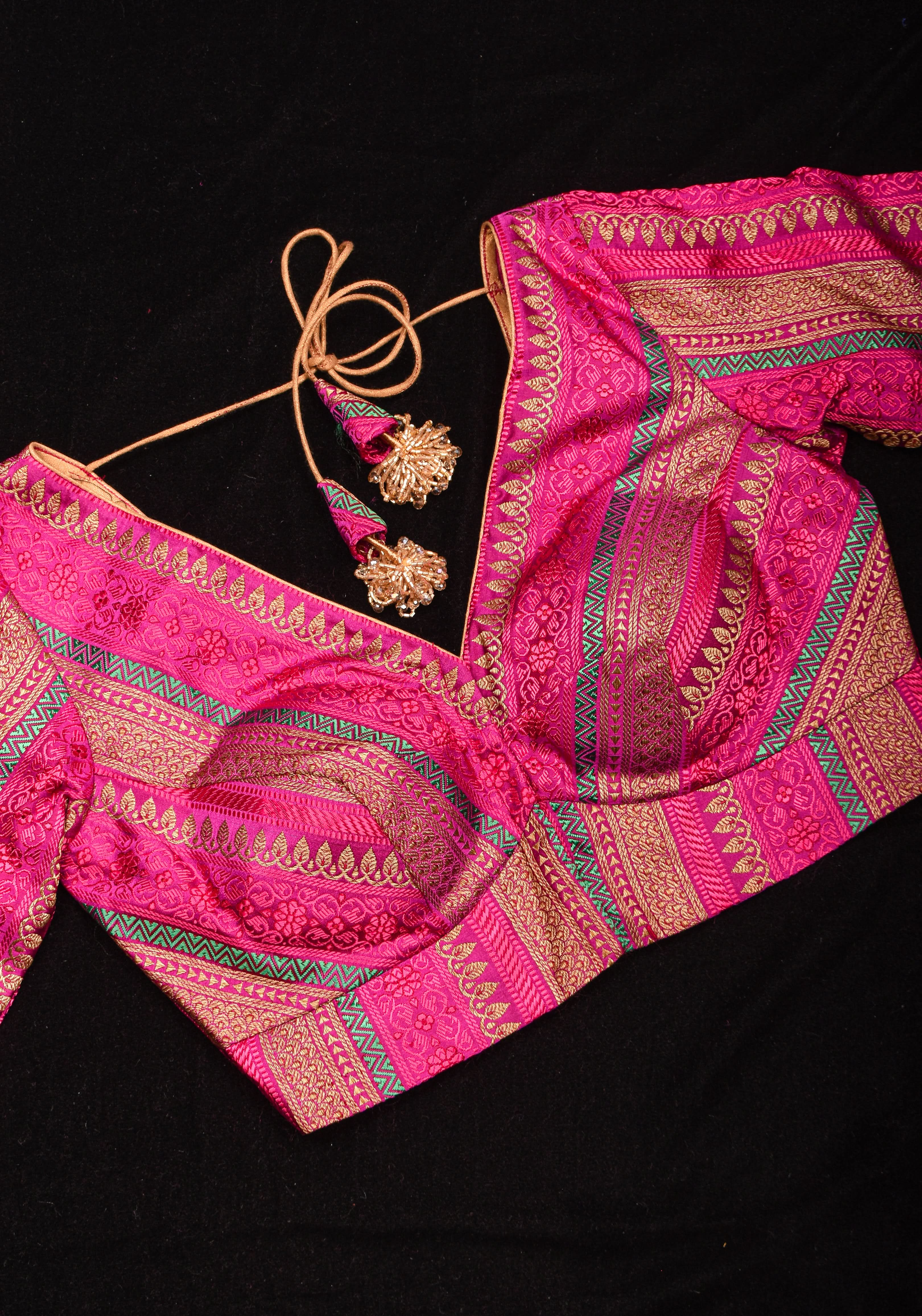 Rani Pink with Multicolor Striped Brocade Banarasi Blouse with V neck, Made to Order | Shobitam