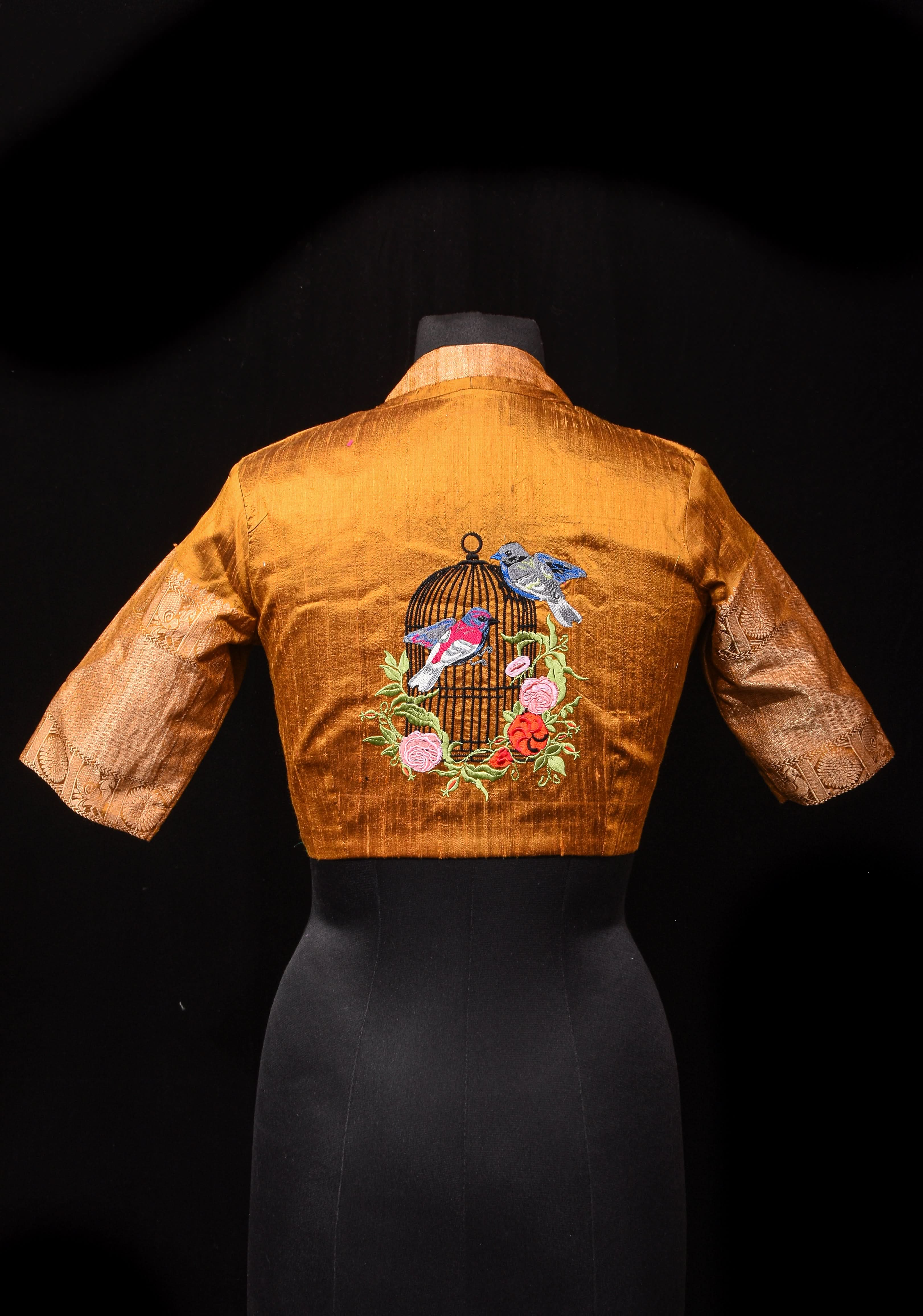 Ochre Pure Raw Silk With Wide Zari Borders and Free Spirit Floral and Birds Embroidery, Customizable, Made to Order | Shobitam