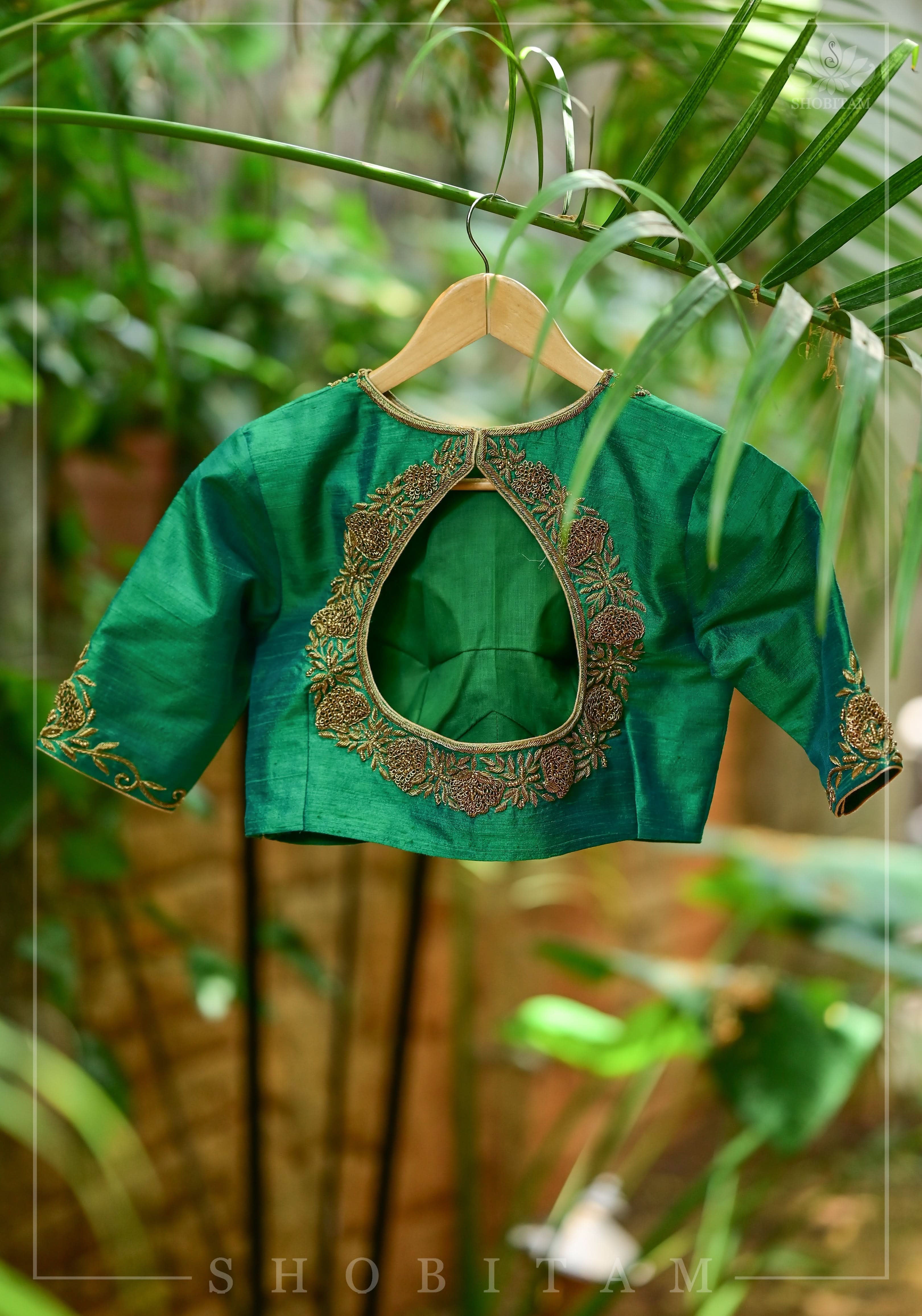 Green Dual Tone Pure Raw Silk Blouse with Antique Tone Zardosi work | Shobitam