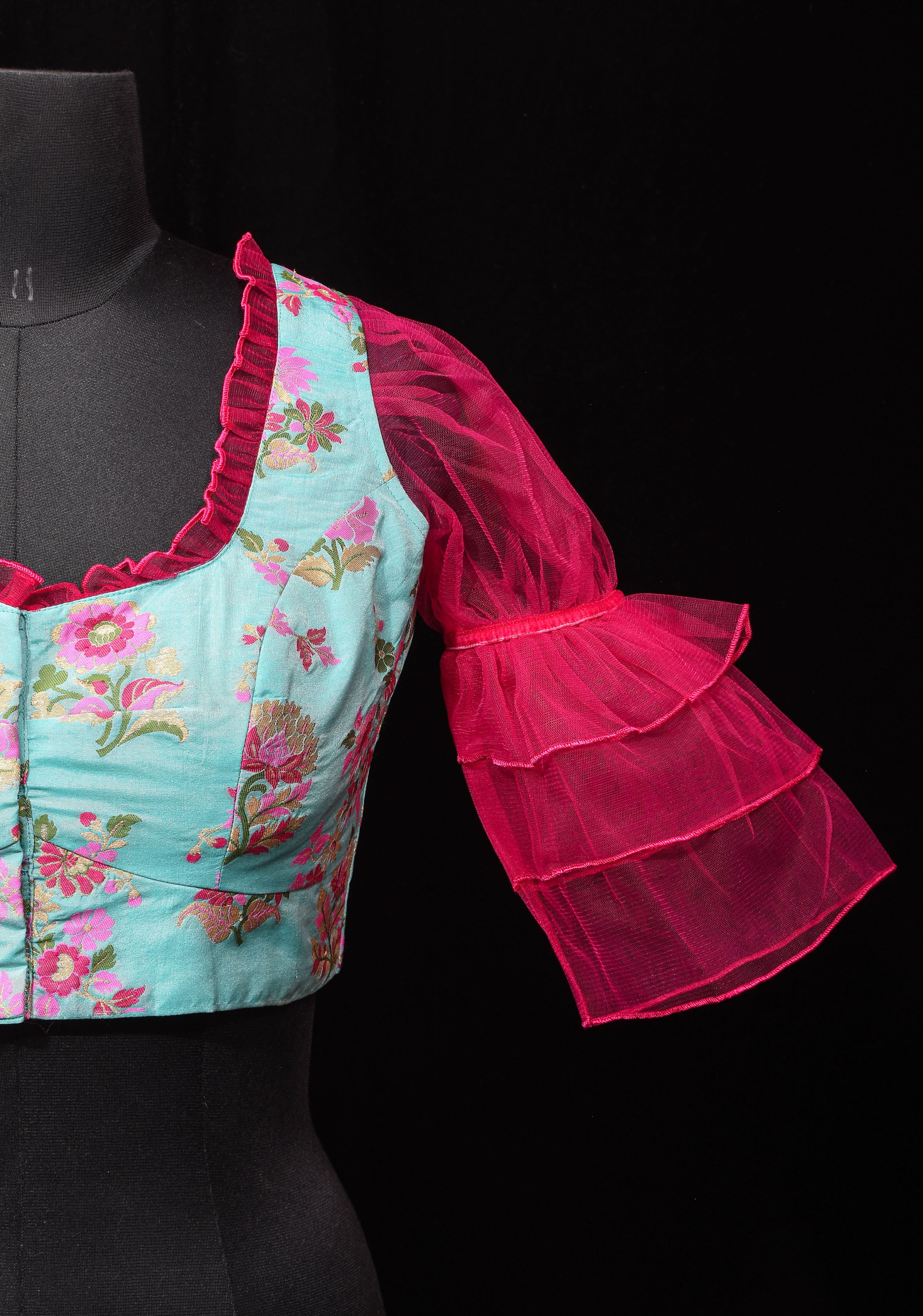 Mint Green Banarasi Meenakari Blouse with Fuchsia Net layered Puff Sleeves,customizable, made-to-order | Shobitam