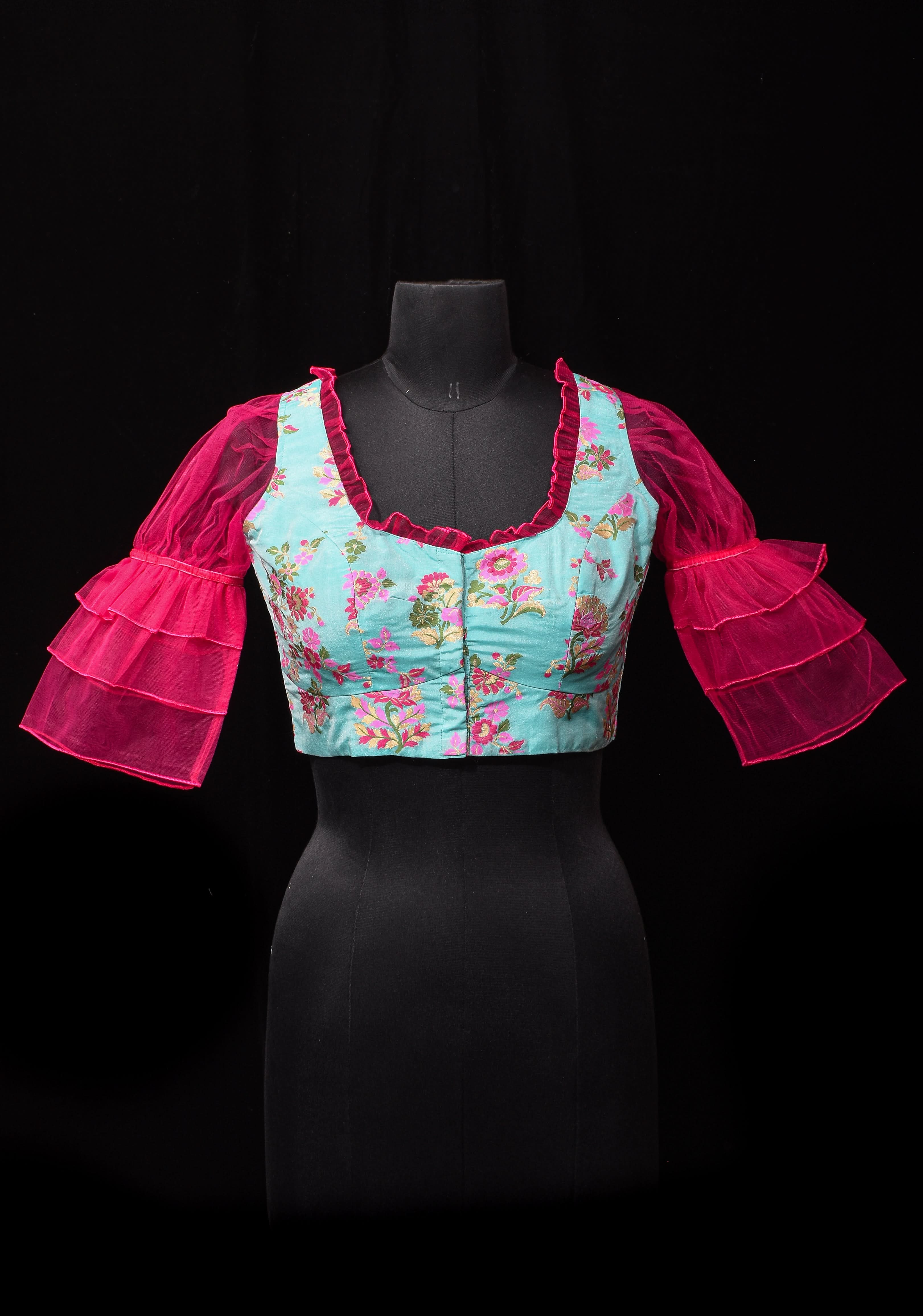 Mint Green Banarasi Meenakari Blouse with Fuchsia Net layered Puff Sleeves,customizable, made-to-order | Shobitam