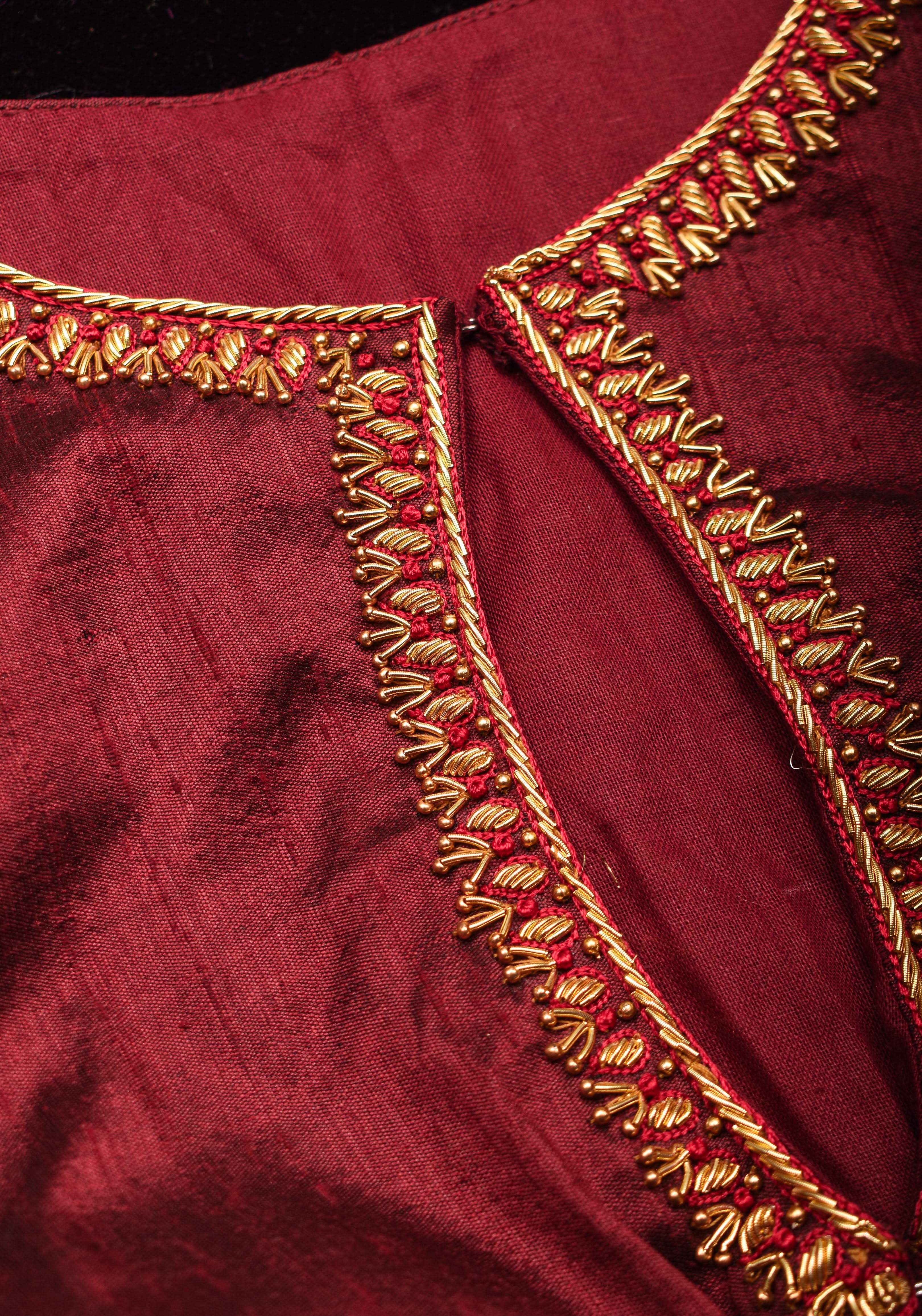 Maroon Pure Raw Silk Blouse with Hand Zardosi detailing and Puff Sleeves, Made to Order | Shobitam