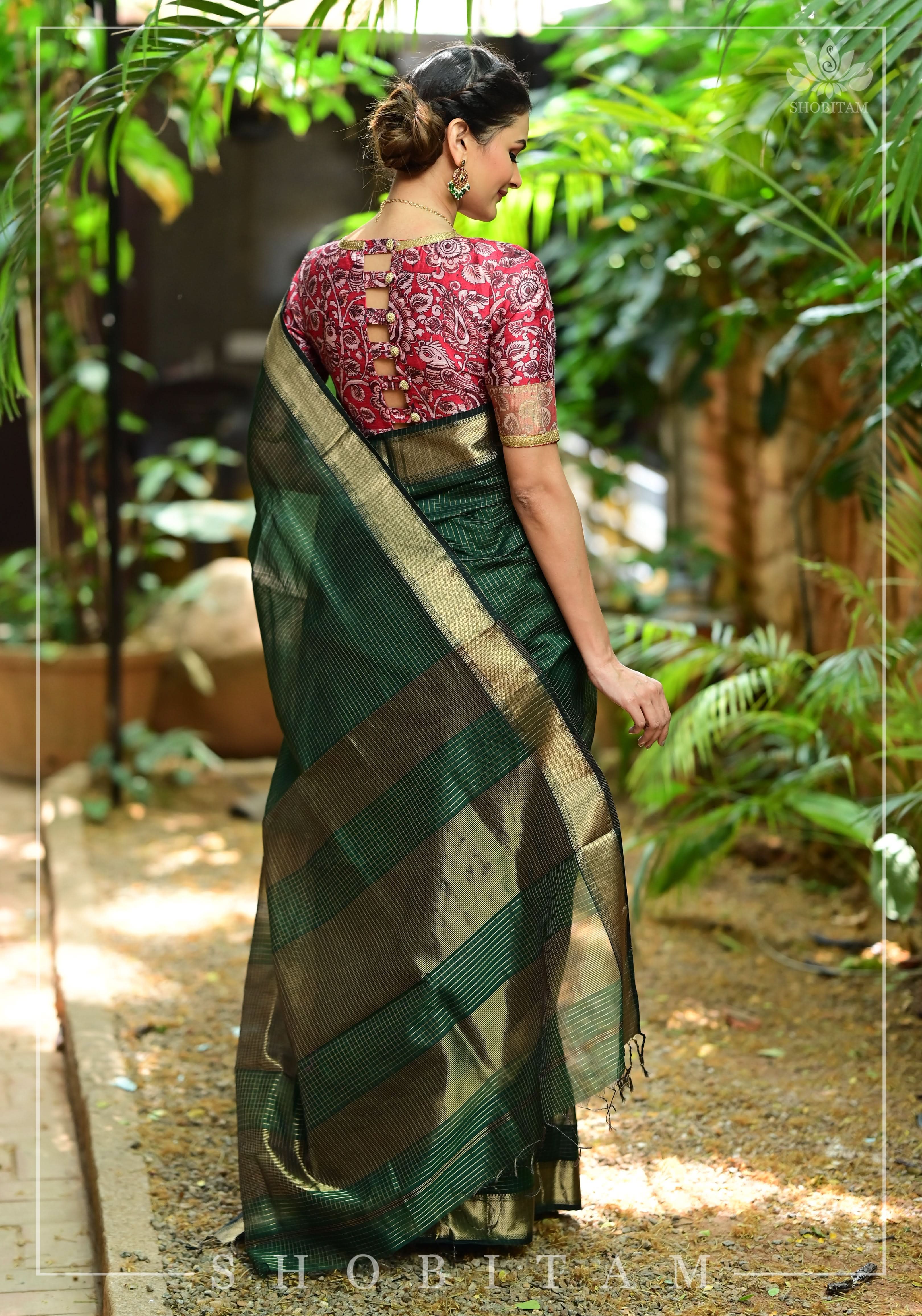 Bottle Green Handwoven Maheshwari Silk Cotton Zari Pinstripes Saree. | Shobitam