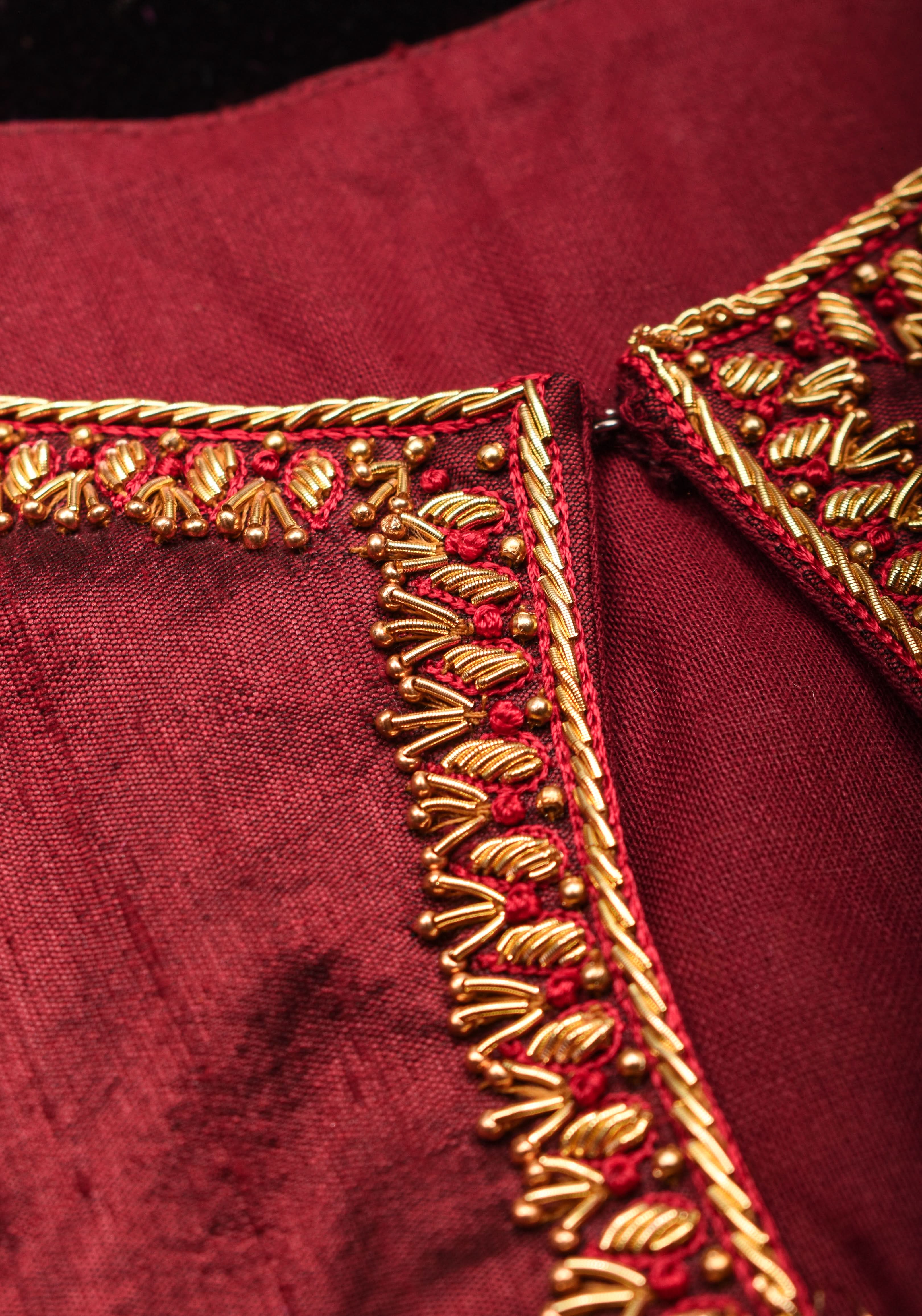 Maroon Pure Raw Silk Blouse with Hand Zardosi detailing and Puff Sleeves, Made to Order | Shobitam
