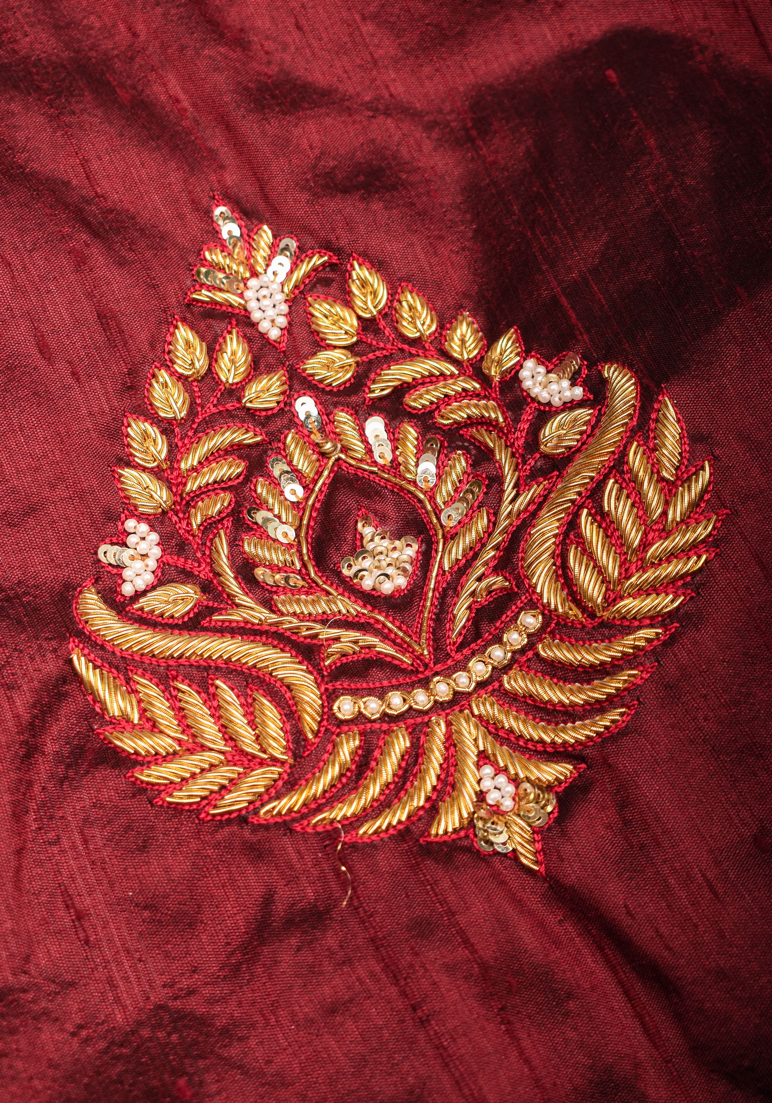 Maroon Pure Raw Silk Blouse with Hand Zardosi detailing and Puff Sleeves, Made to Order | Shobitam