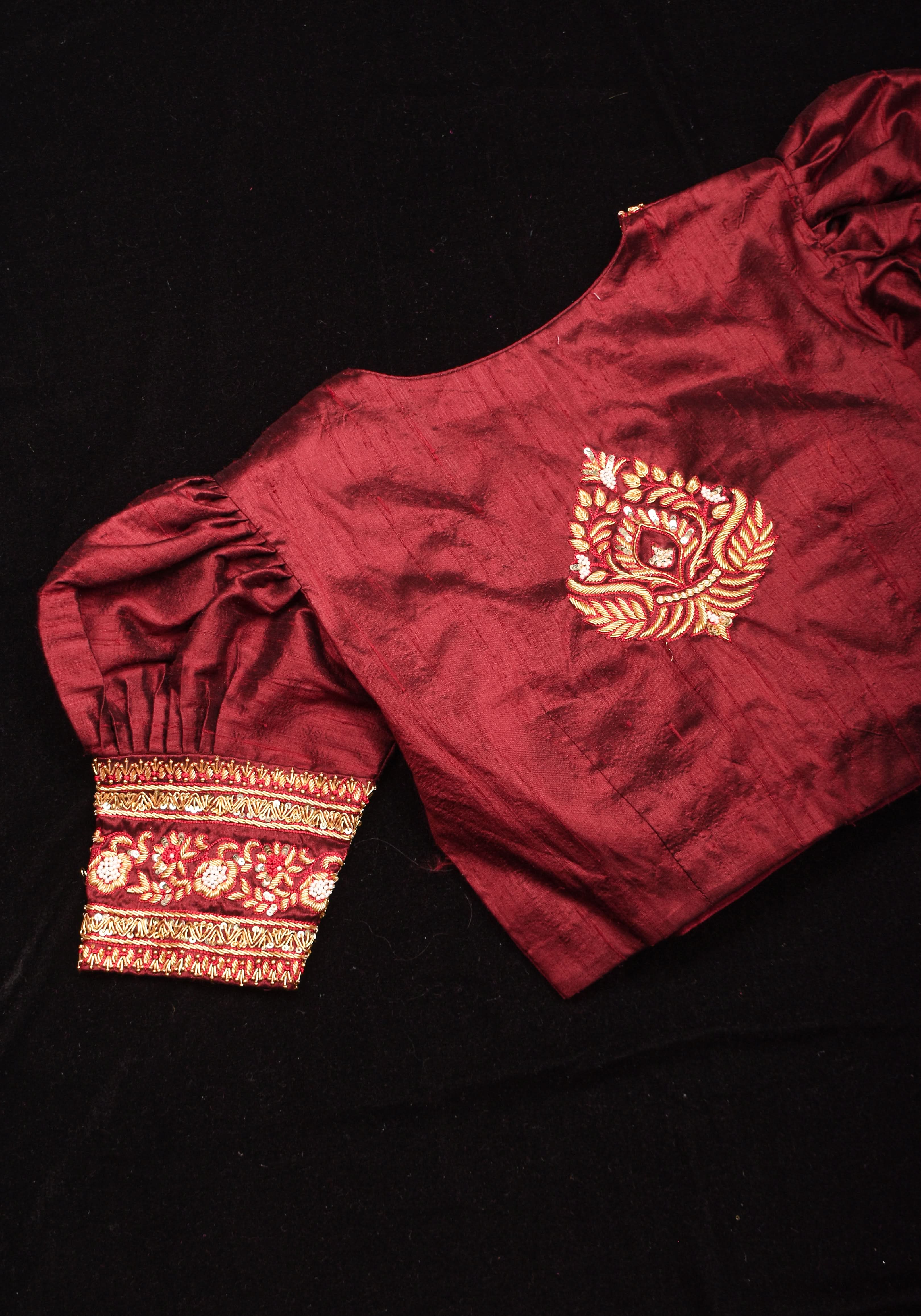Maroon Pure Raw Silk Blouse with Hand Zardosi detailing and Puff Sleeves, Made to Order | Shobitam
