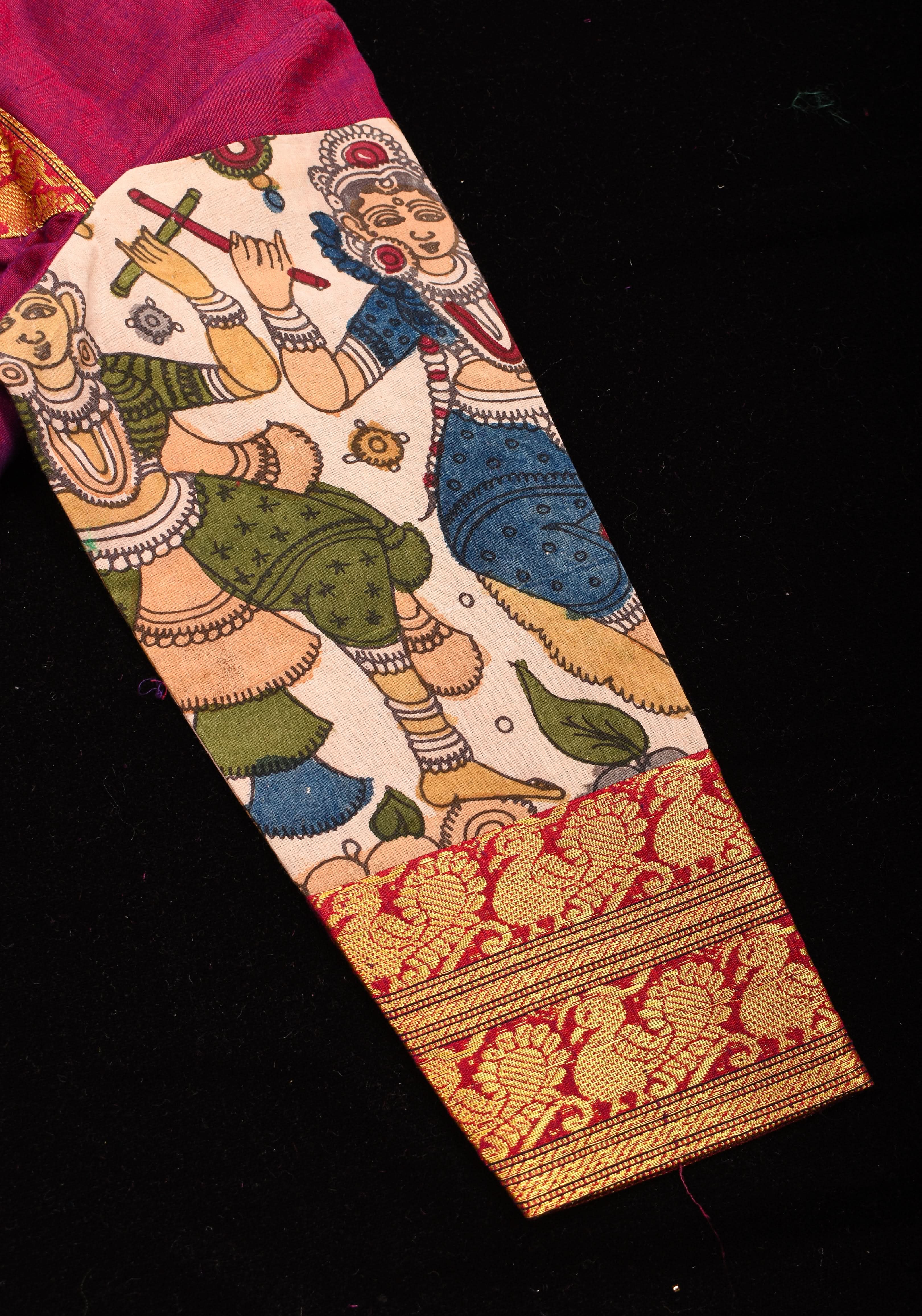 Pen Kalamkari and Plum Narayanpet Cotton Blouse with Zari detailing, Made to Order | Shobitam