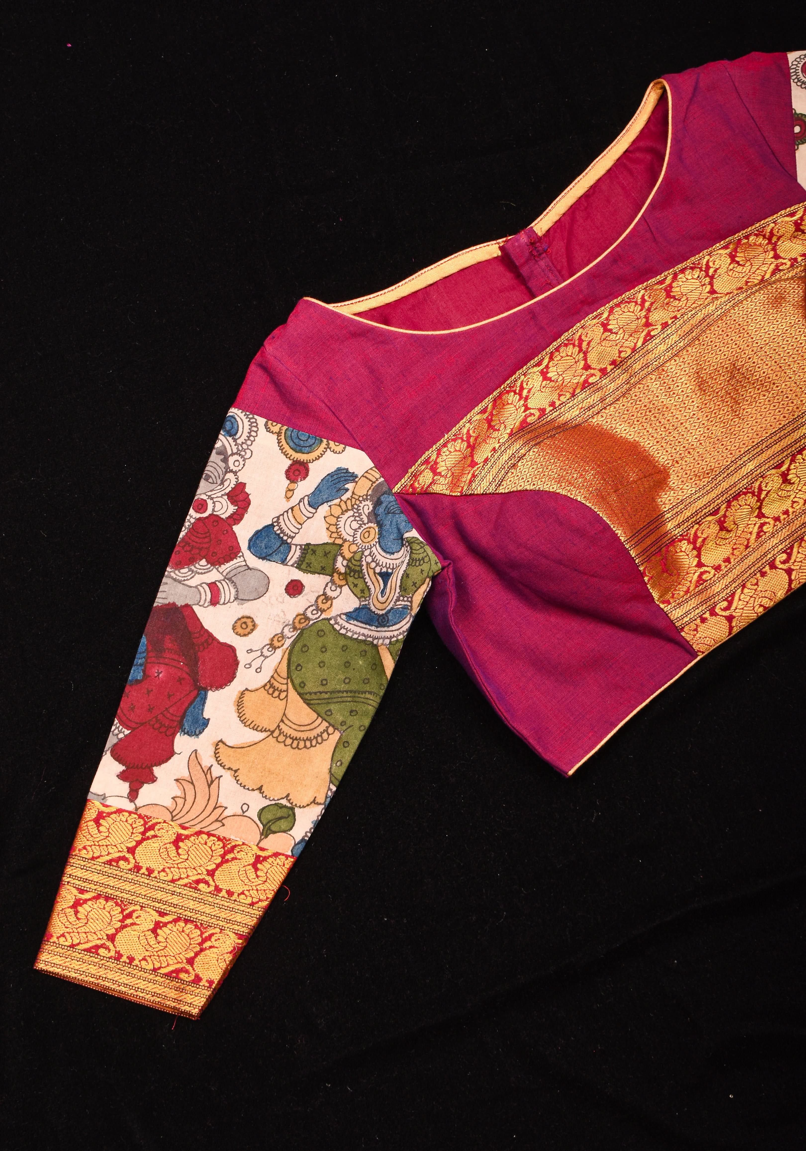 Pen Kalamkari and Plum Narayanpet Cotton Blouse with Zari detailing, Made to Order | Shobitam