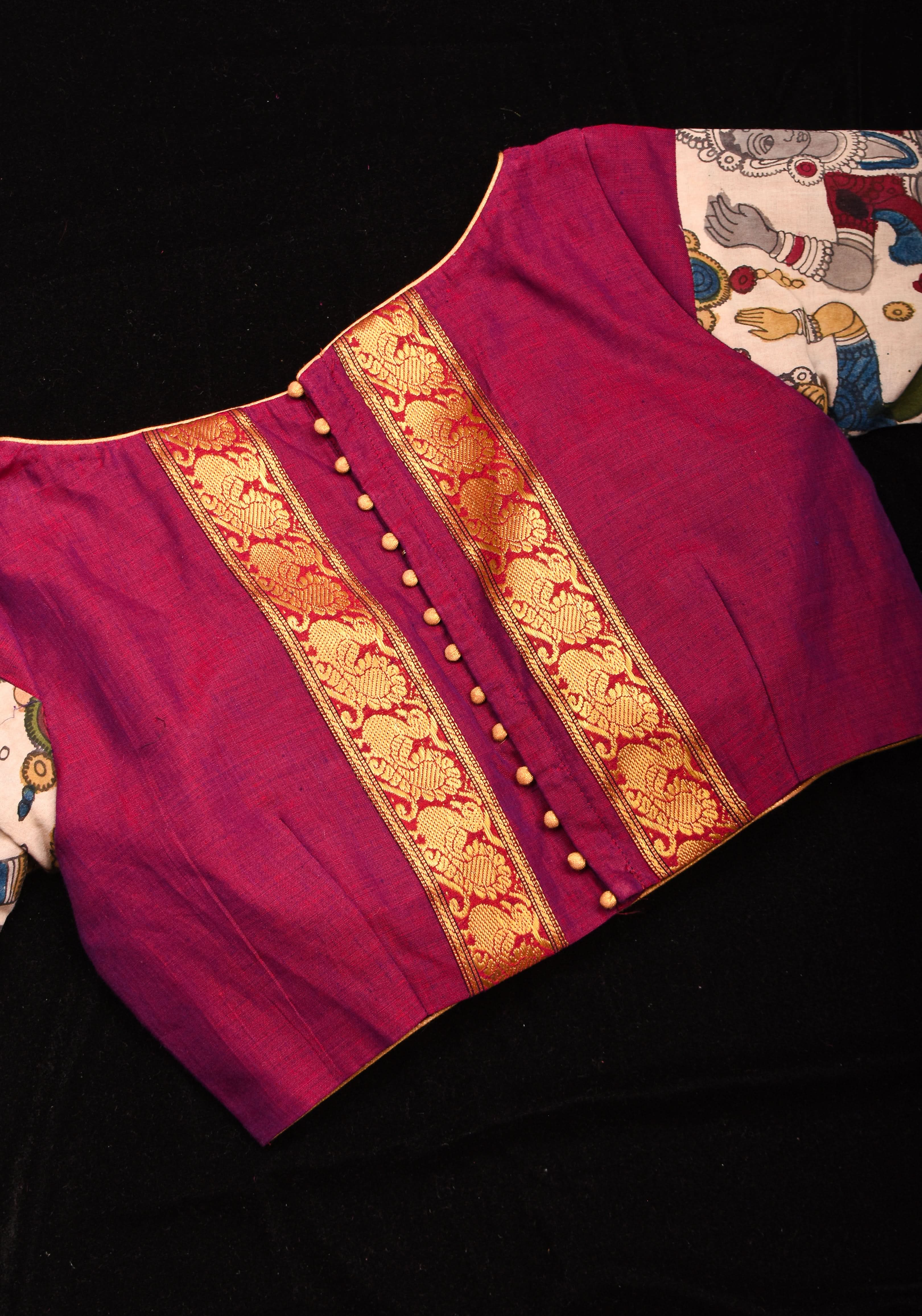 Pen Kalamkari and Plum Narayanpet Cotton Blouse with Zari detailing, Made to Order | Shobitam