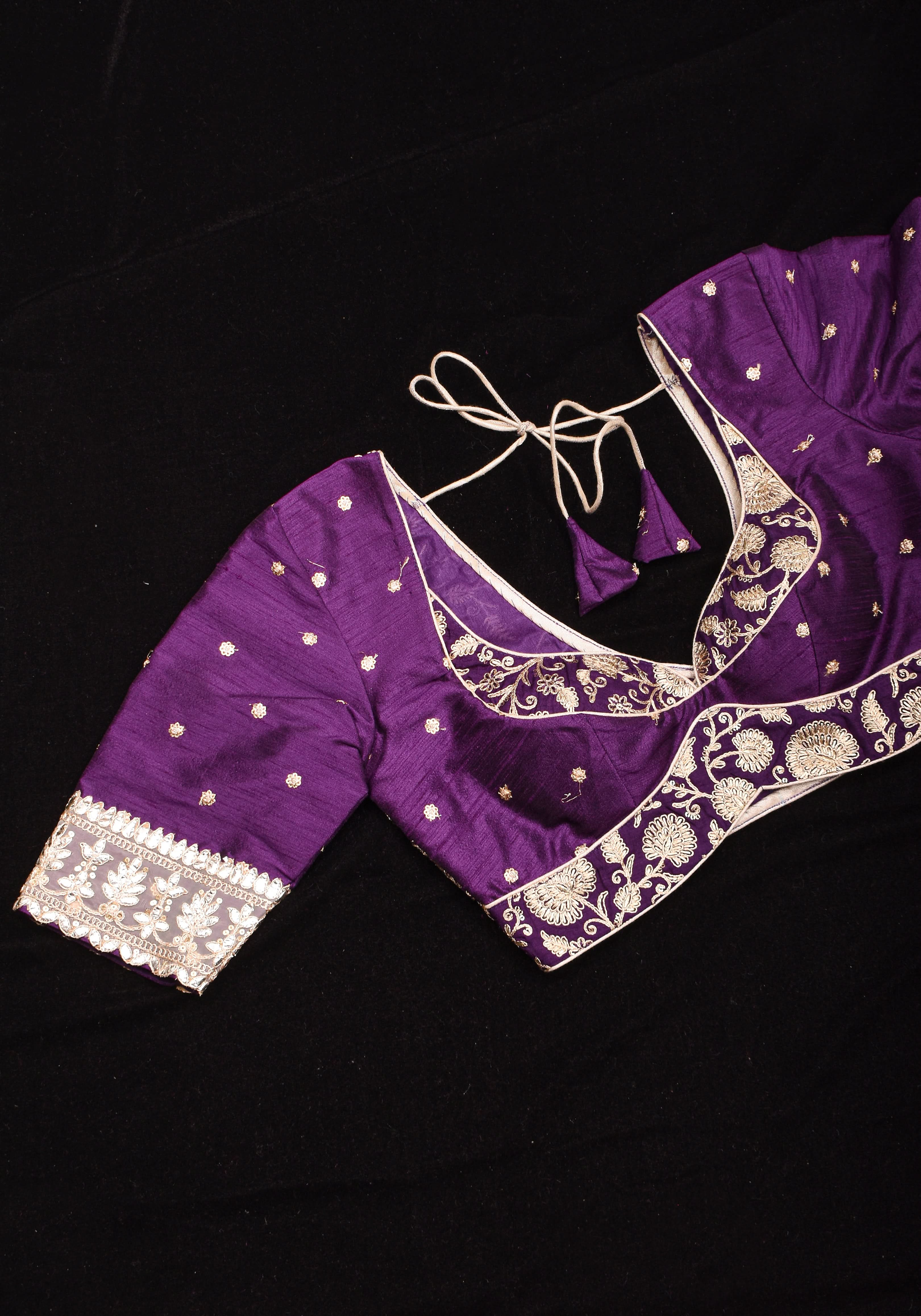Jamuni Purple Butta and Jaal Leafneck two fabric blouse, Made to Order | Shobitam