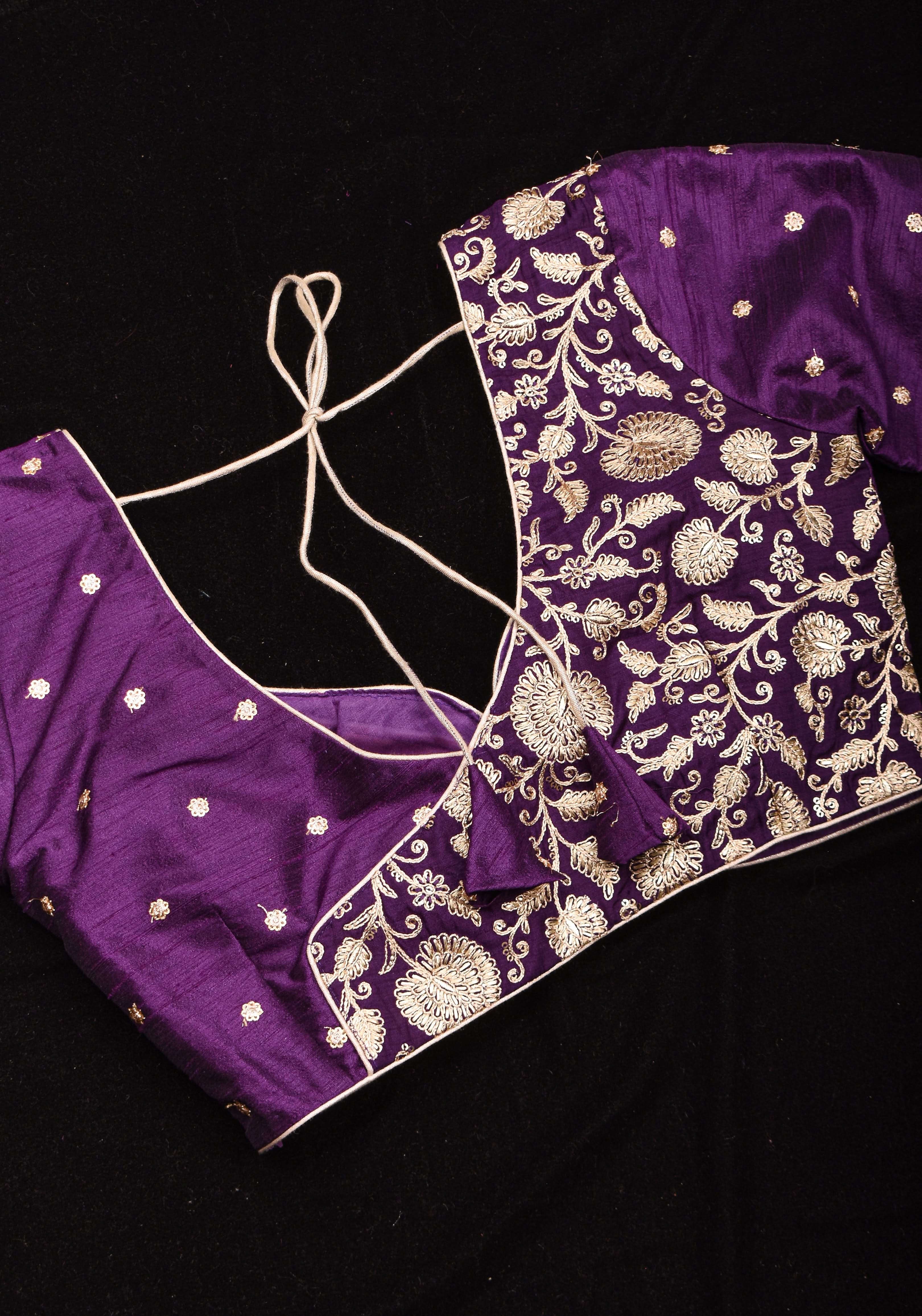 Jamuni Purple Butta and Jaal Leafneck two fabric blouse, Made to Order | Shobitam