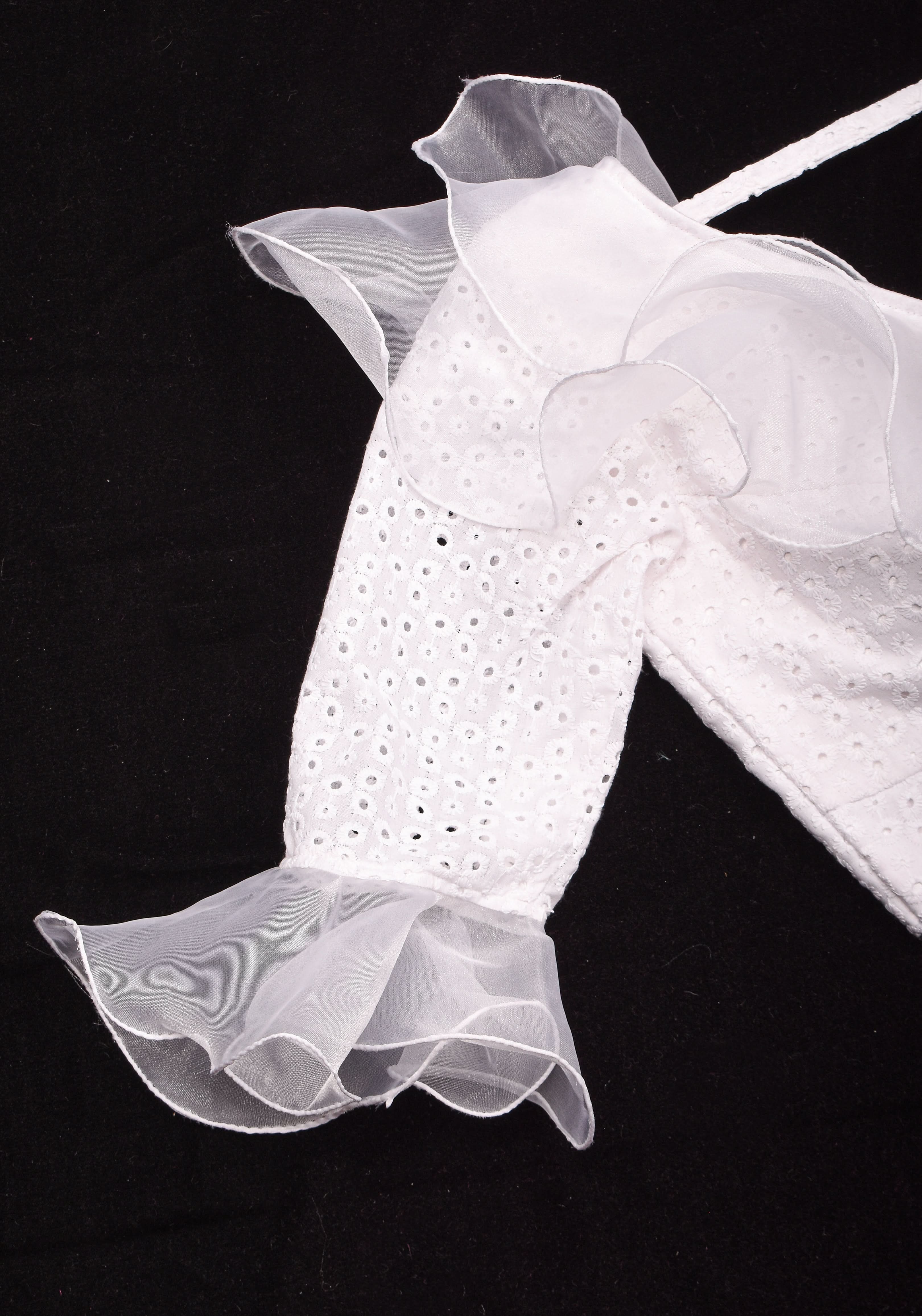 White Hakoba blouse with Organza Ruffle detailing , Made to Order | Shobitam