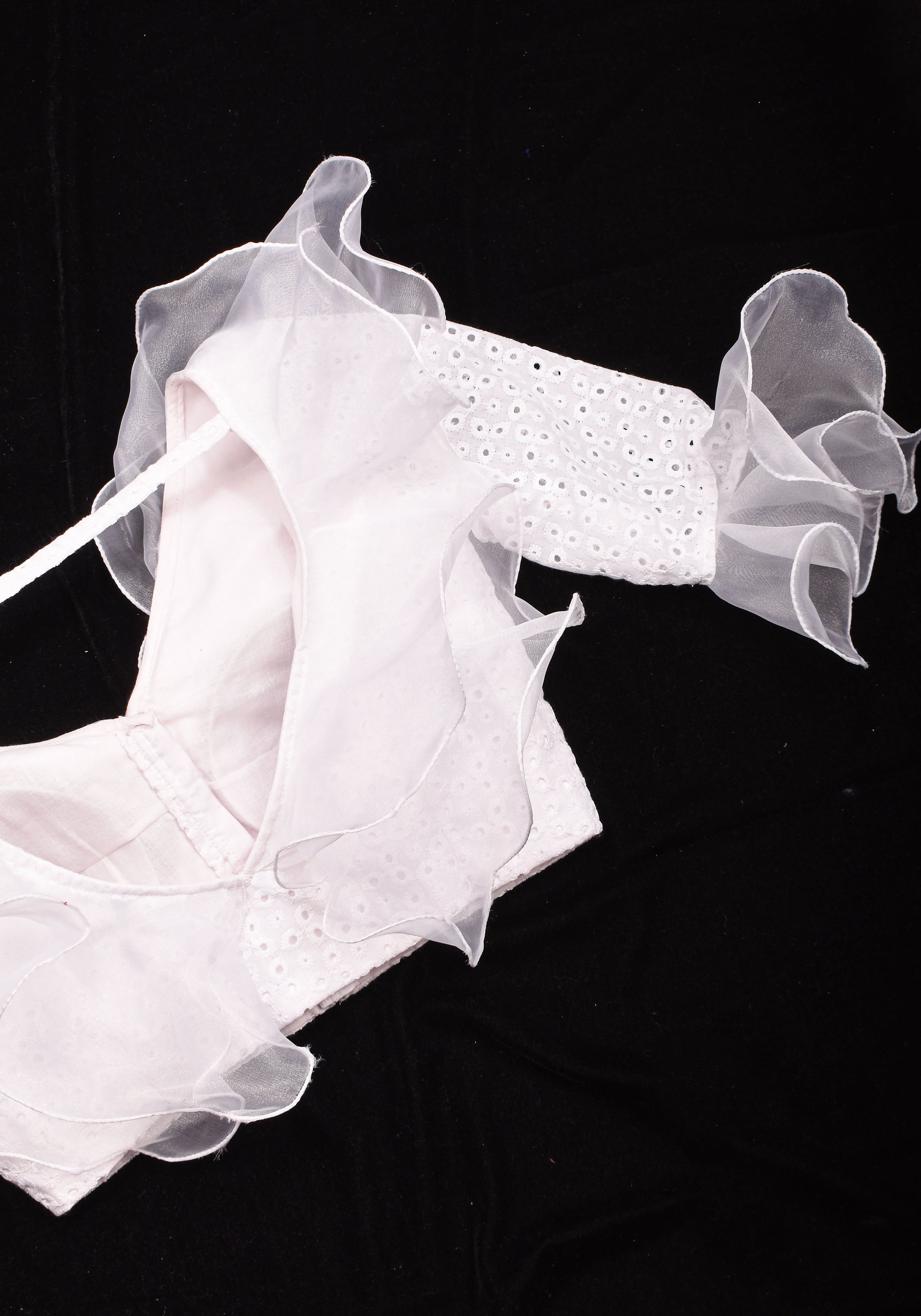 White Hakoba blouse with Organza Ruffle detailing , Made to Order | Shobitam