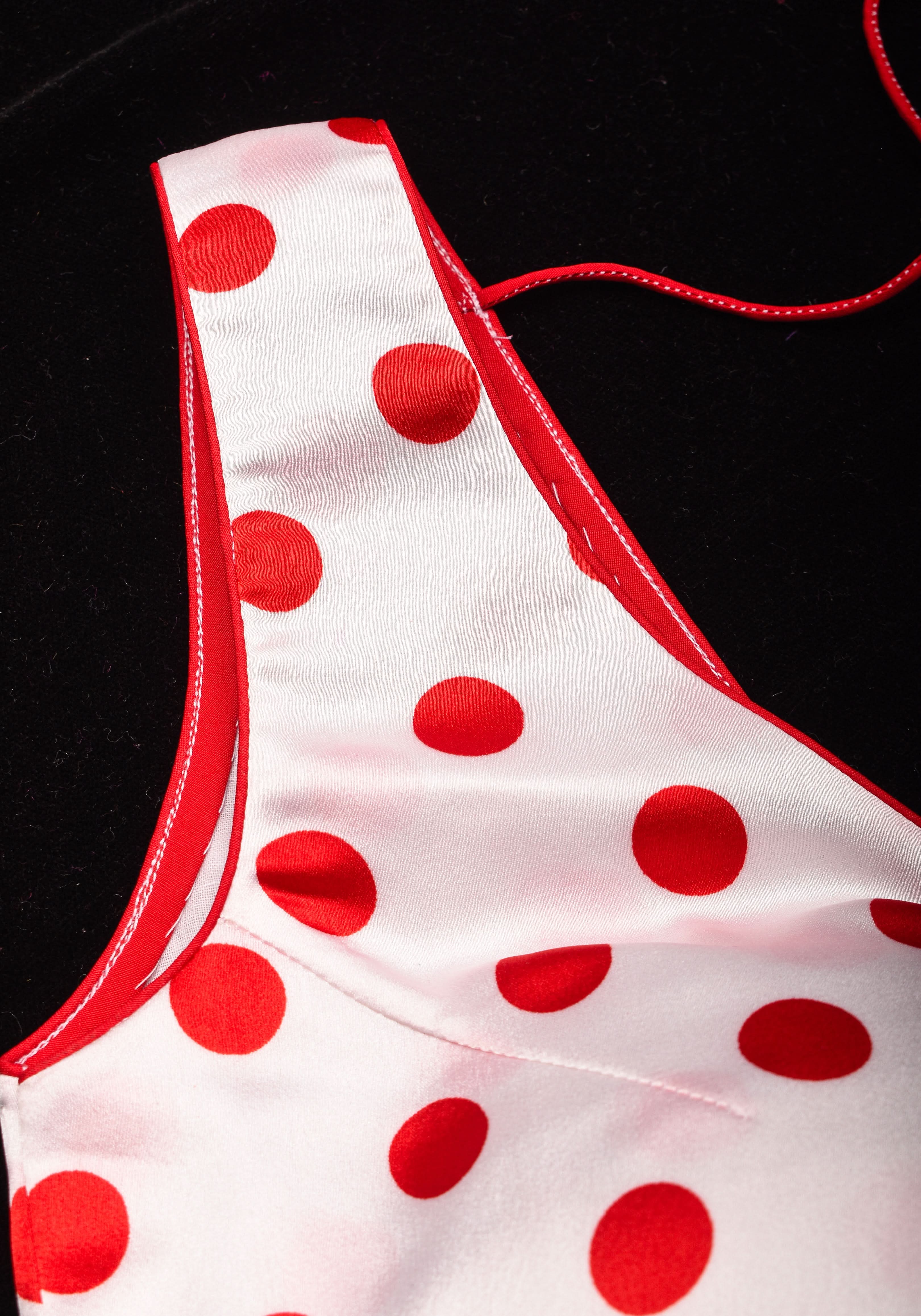 Retro red and White Polka Dot Satin Blouse with Contrasting Red scarf , Made to Order | Shobitam