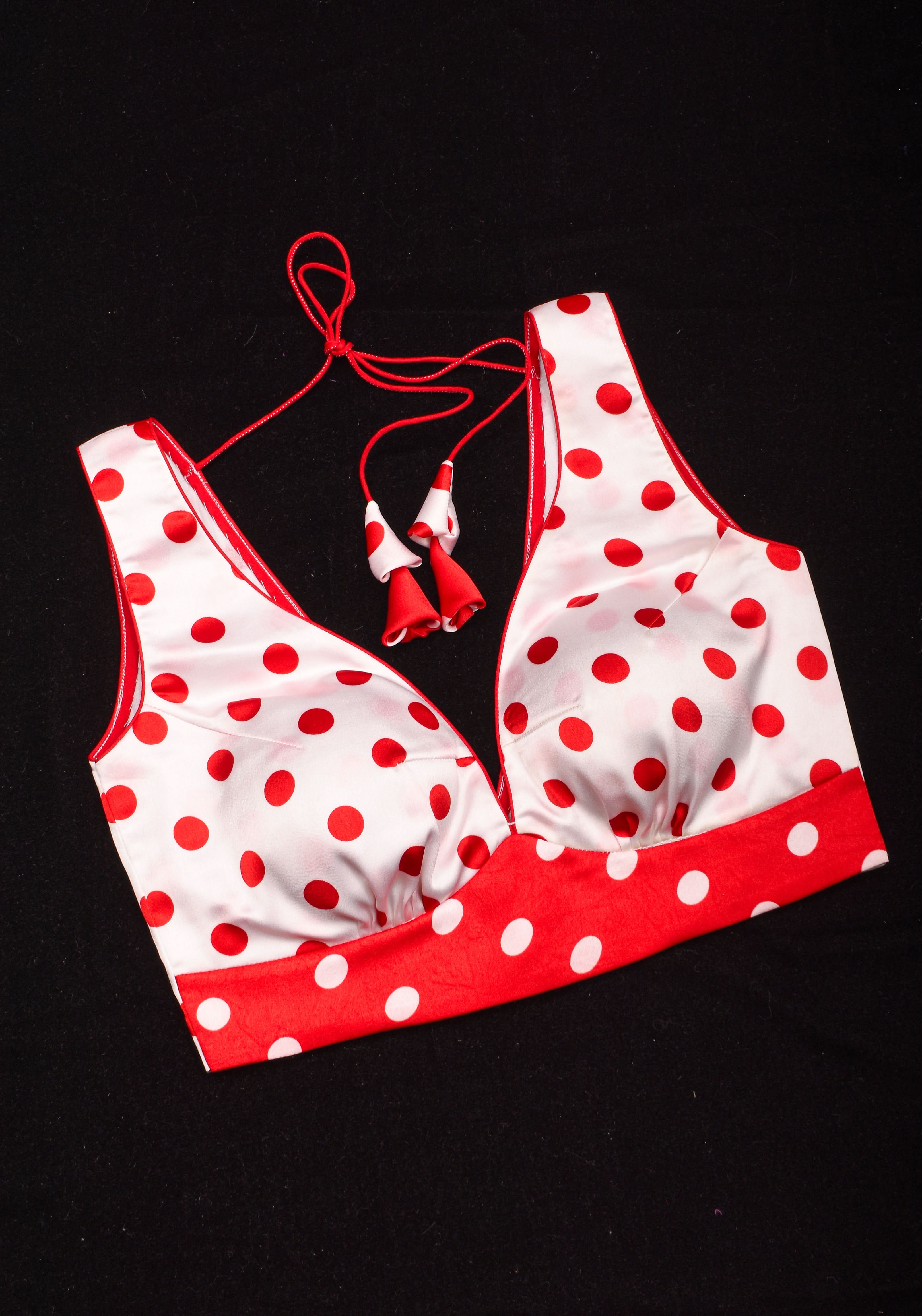 Retro red and White Polka Dot Satin Blouse with Contrasting Red scarf , Made to Order | Shobitam