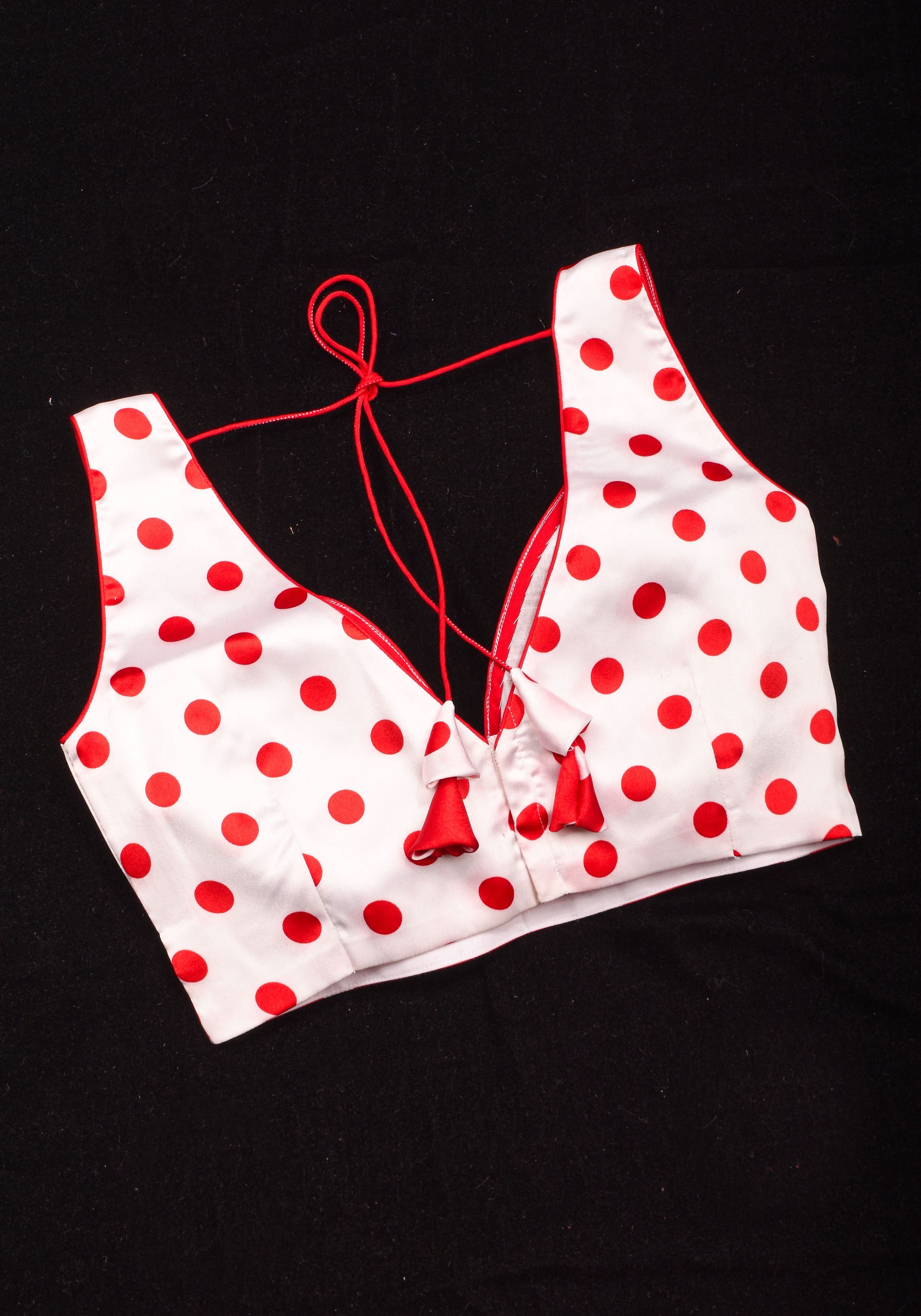 Retro red and White Polka Dot Satin Blouse with Contrasting Red scarf , Made to Order | Shobitam