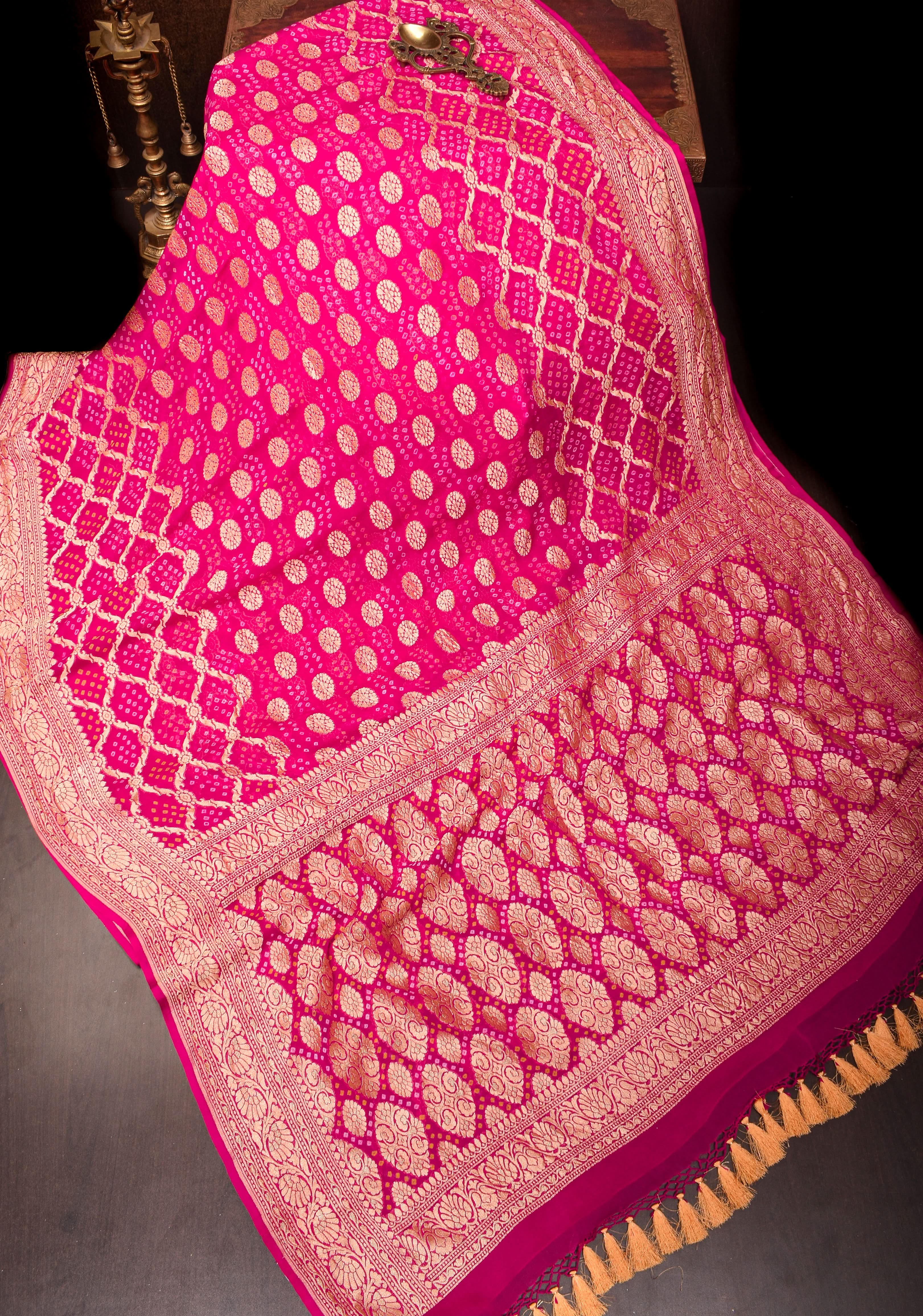 Authentic Hand Bandhej Banarasi Silk Georgette Saree in Pink | SILK MARK CERTIFIED. Vidya Balan Special Celebrity Saree | Shobitam