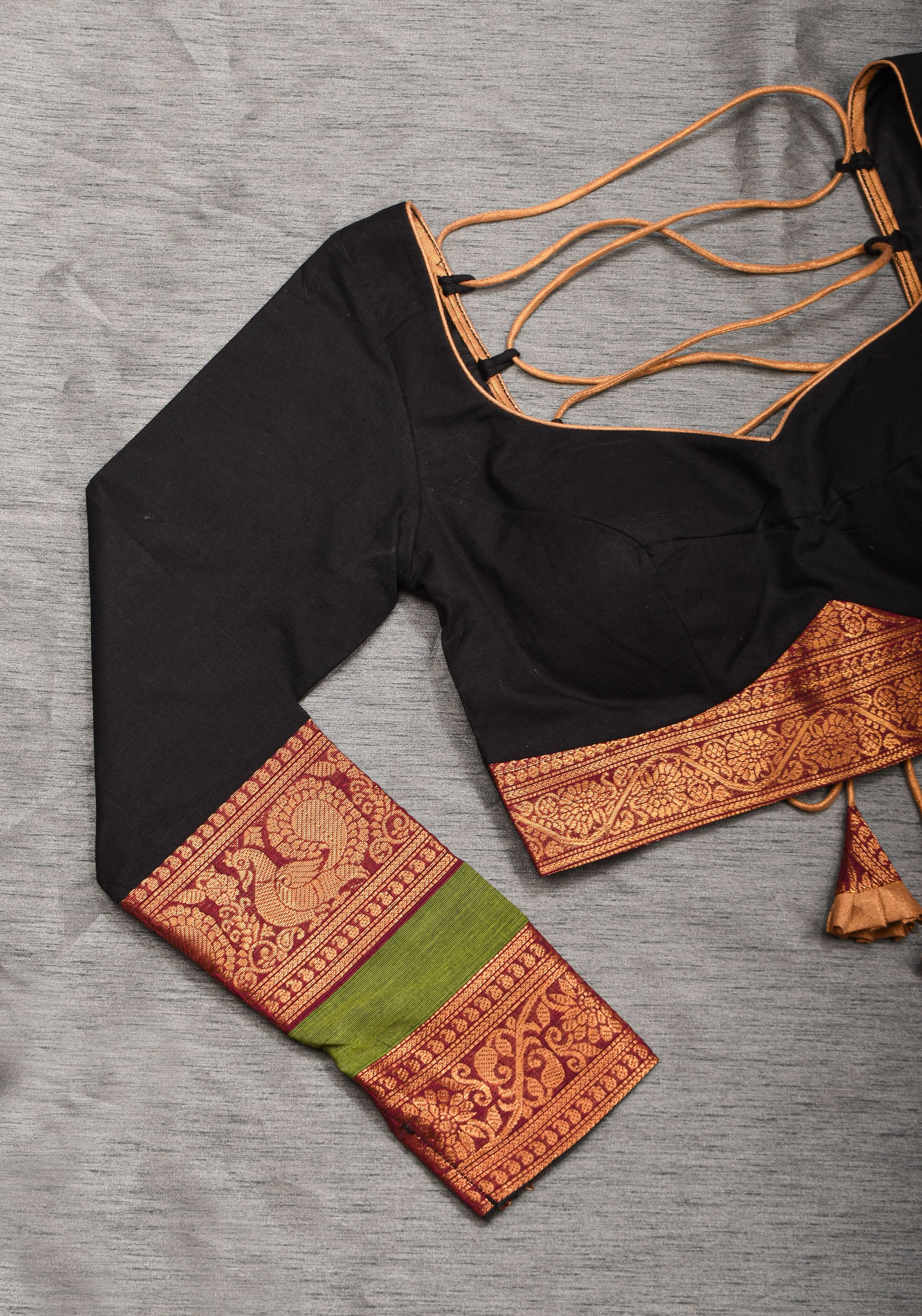 Charming Black Kanchi Cotton Blouse with 3/4th Sleeves, Zari detailing and Criss cross , Made to Order | Shobitam