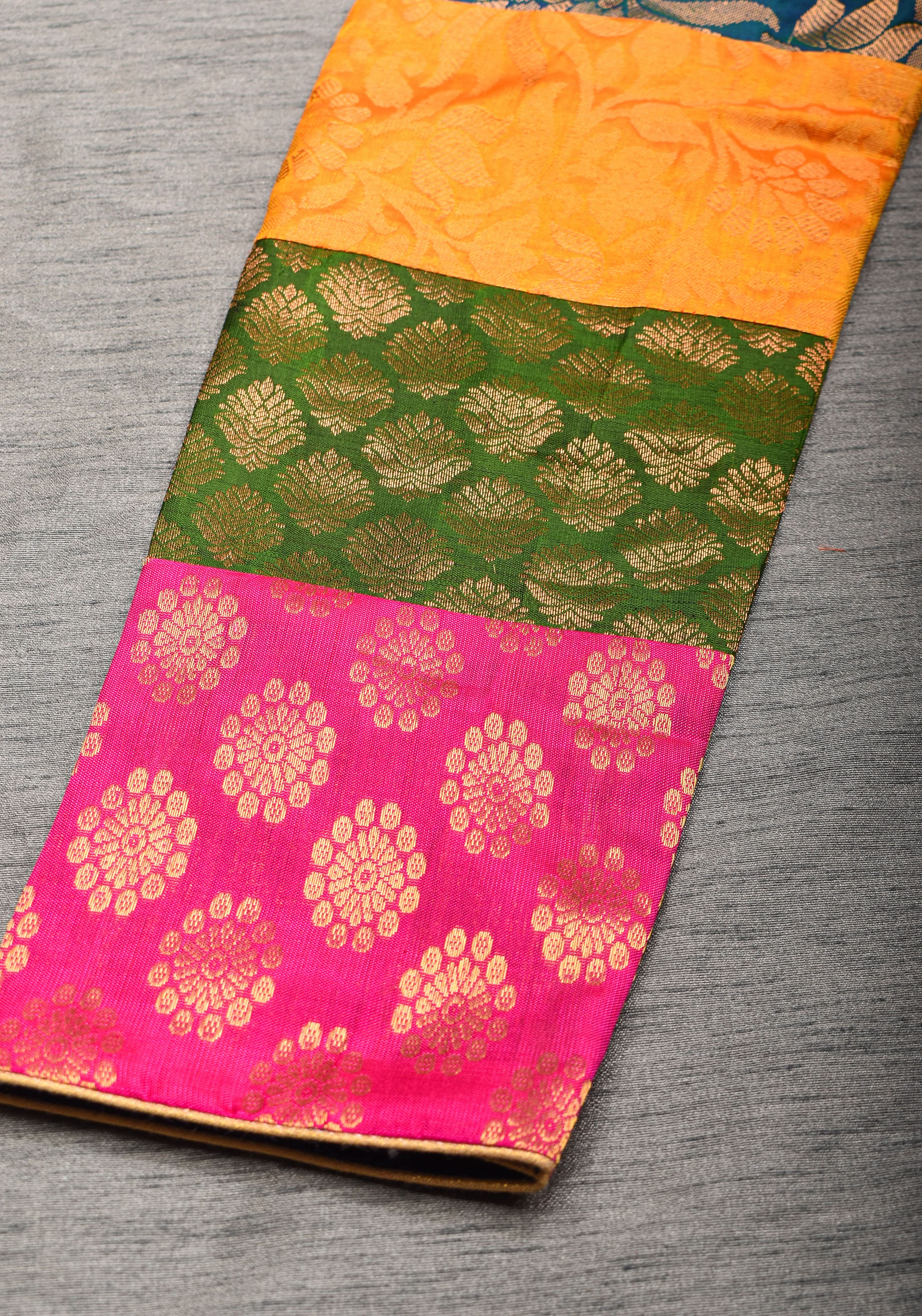 Statement Patchwork Pure Kanjivaram Silk Brocade and Midnight Blue Velvet Blouse , Made to Order | Shobitam