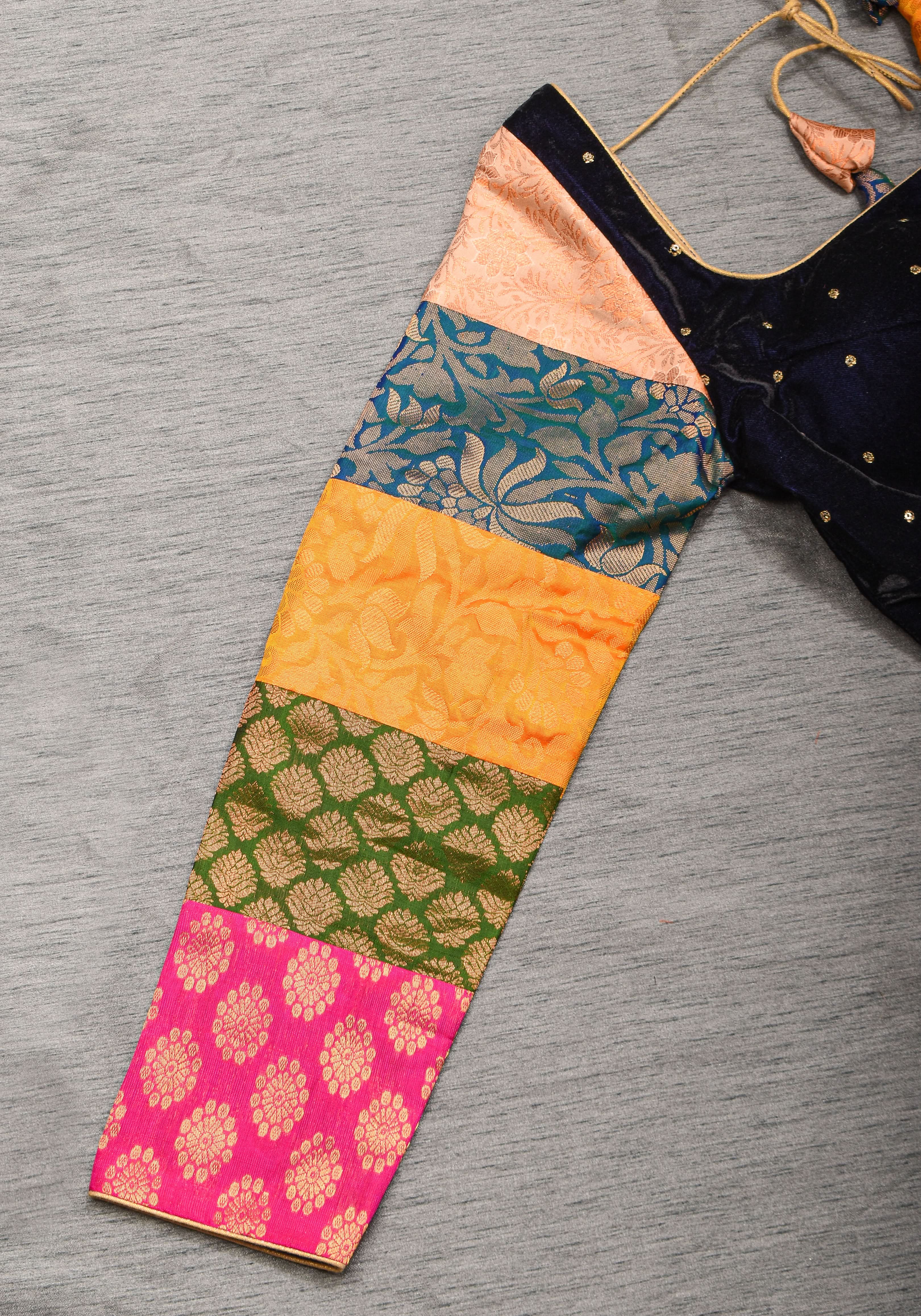 Statement Patchwork Pure Kanjivaram Silk Brocade and Midnight Blue Velvet Blouse , Made to Order | Shobitam