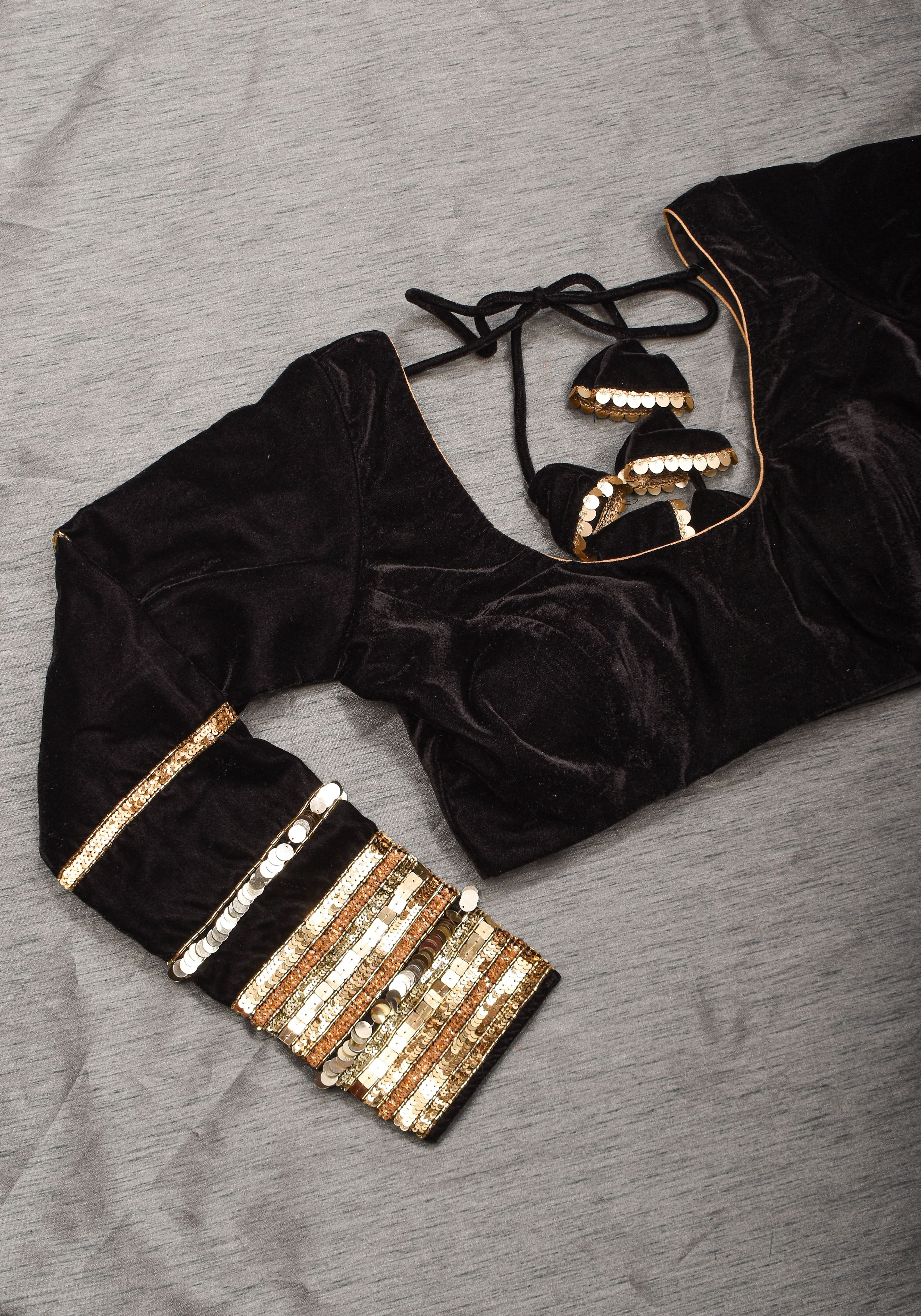 Black velvet with sequin handwork cuff Blouse, rounded V neckline, Made to Order | Shobitam