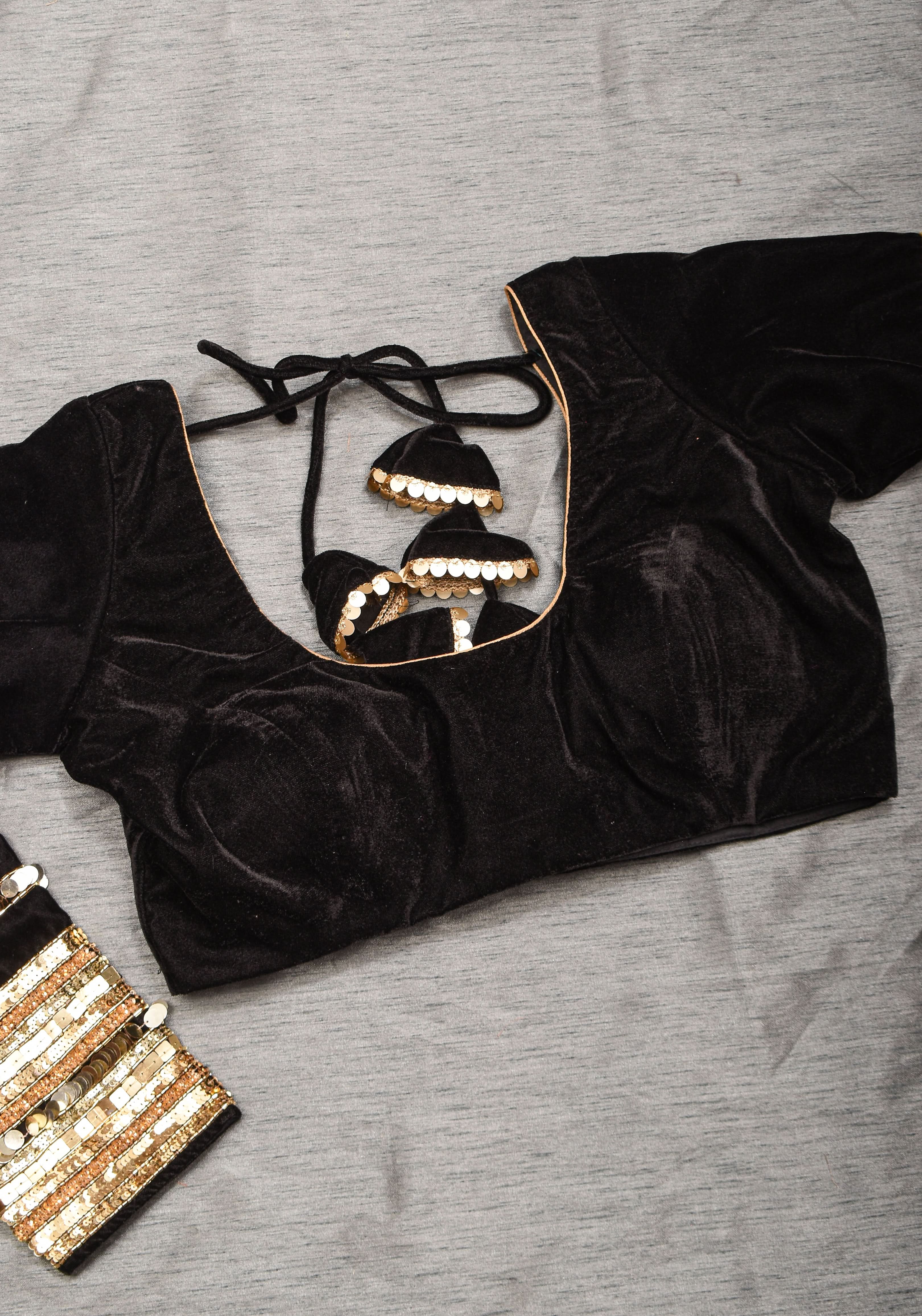 Black velvet with sequin handwork cuff Blouse, rounded V neckline, Made to Order | Shobitam
