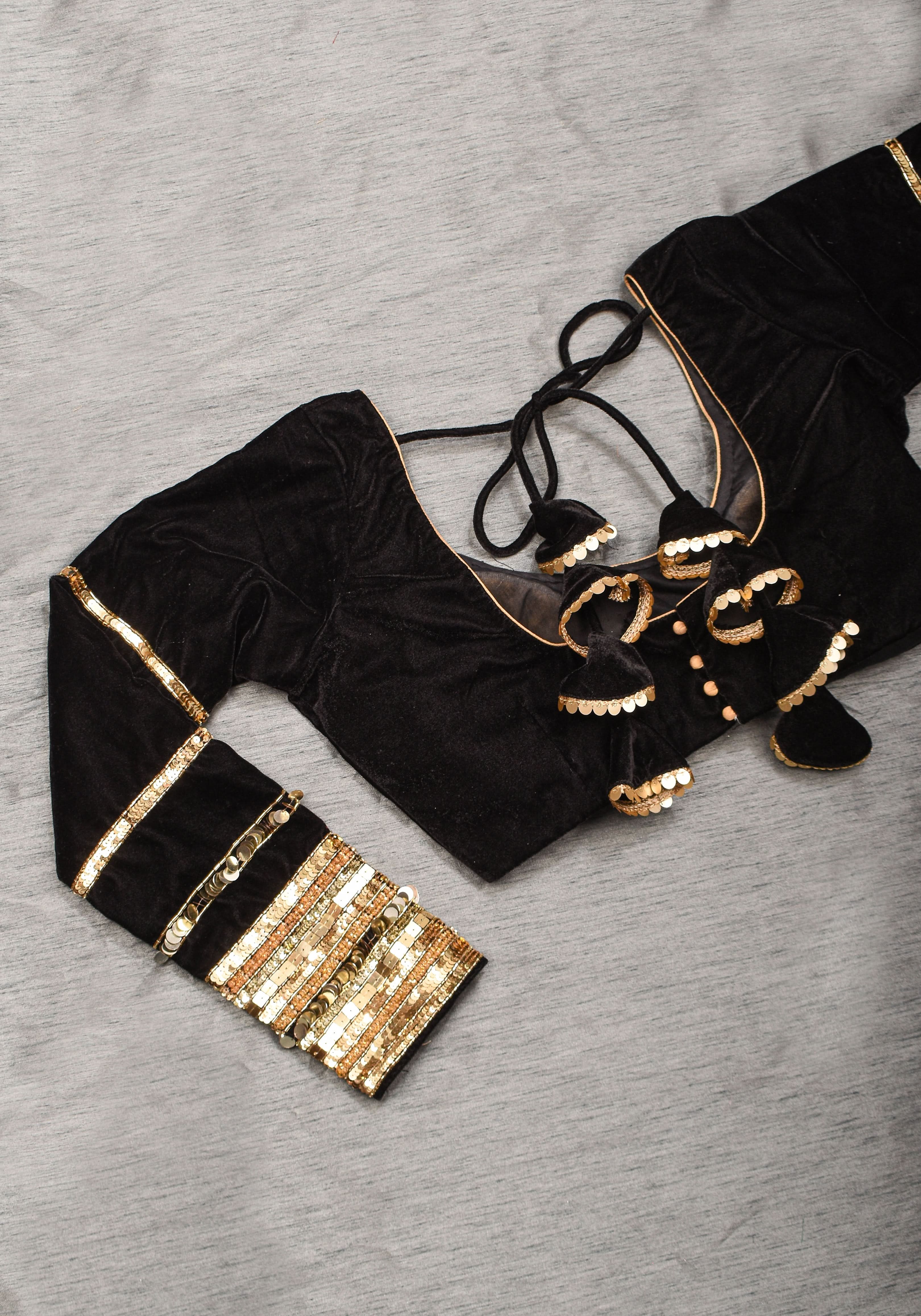 Black velvet with sequin handwork cuff Blouse, rounded V neckline, Made to Order | Shobitam