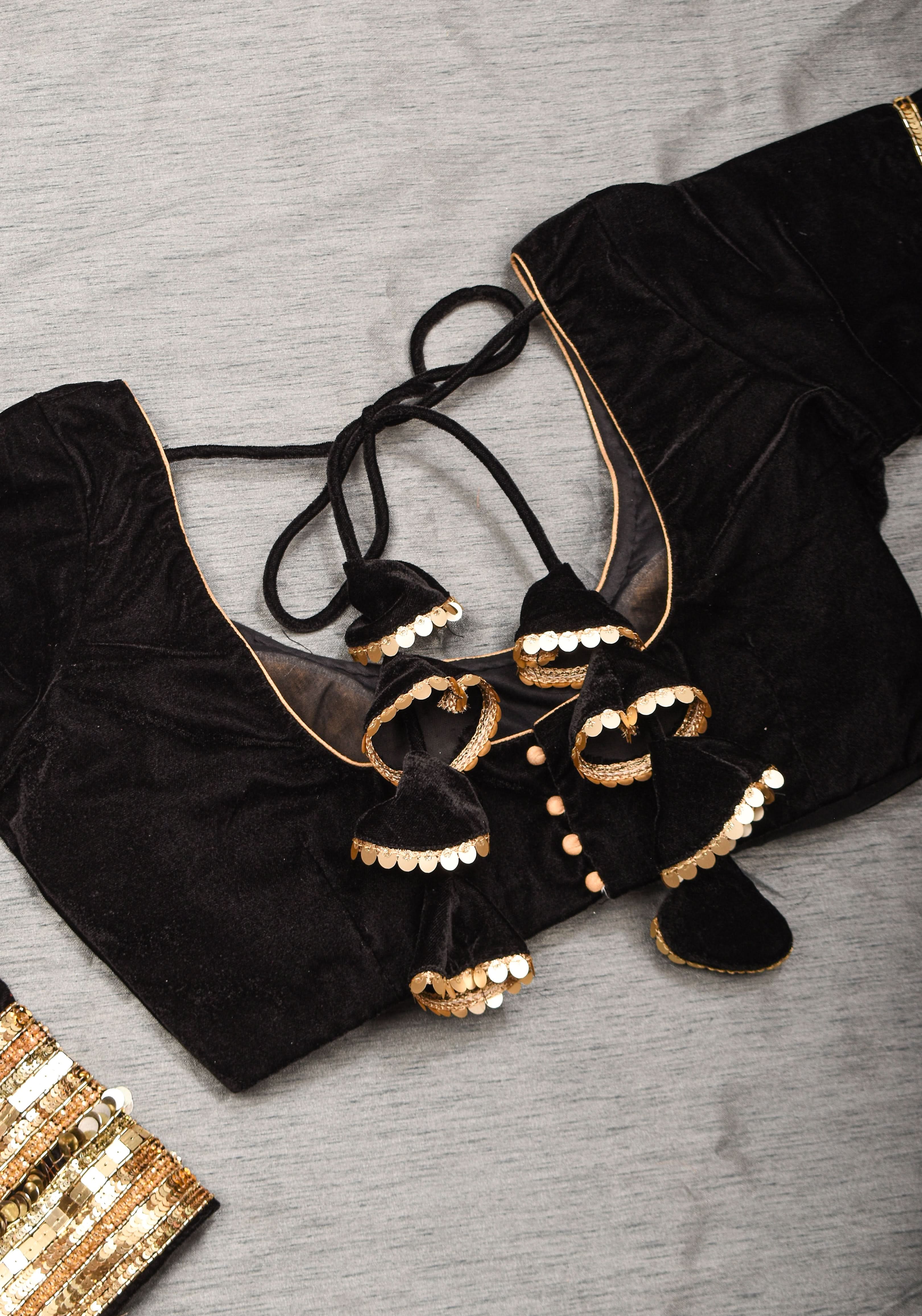 Black velvet with sequin handwork cuff Blouse, rounded V neckline, Made to Order | Shobitam