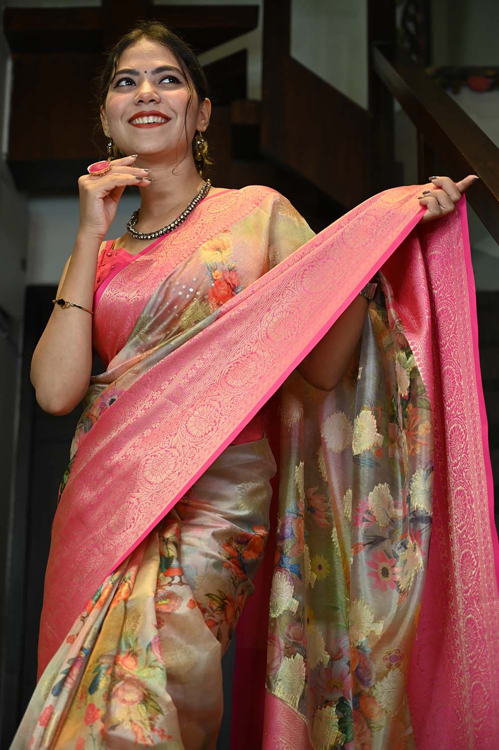 Ready To Wear Silk Chanderi Artistic Floral Printed With Gold Tonned Zari Border Wrap in 1 minute saree - Isadora Life
