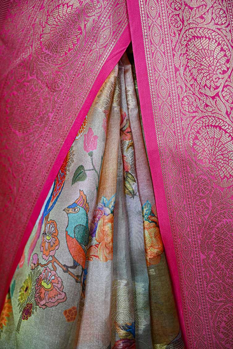Ready To Wear Silk Chanderi Artistic Floral Printed With Gold Tonned Zari Border Wrap in 1 minute saree - Isadora Life