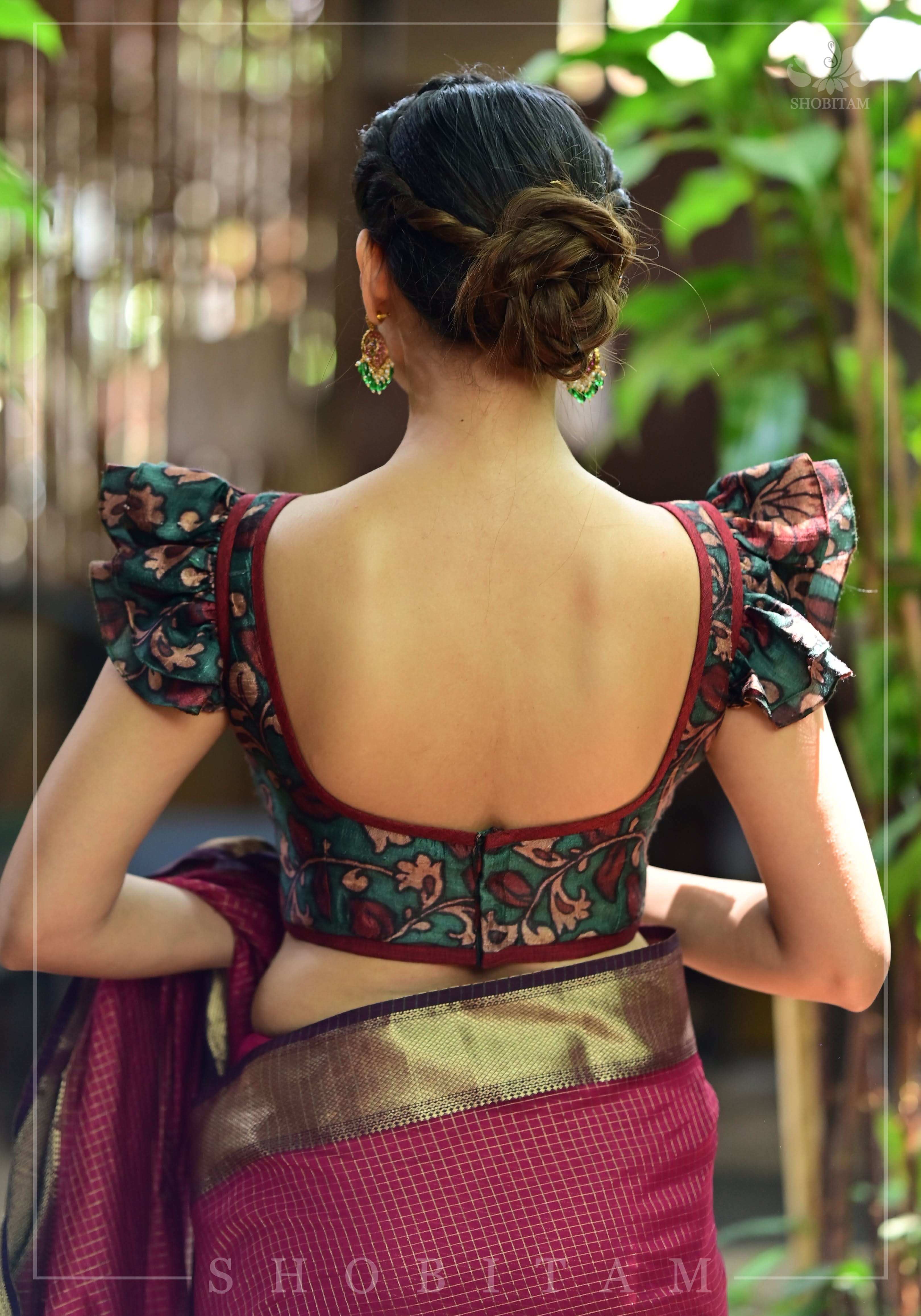 Grayish Teal Pure Raw Silk Blouse with Kalamkari Digital Print and Double Frill Sleeves