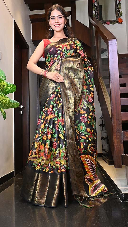 Ready To Wear Bhagalpuri Silk Kalamkari printed with woven design border Wrap in 1 minute saree - Isadora Life