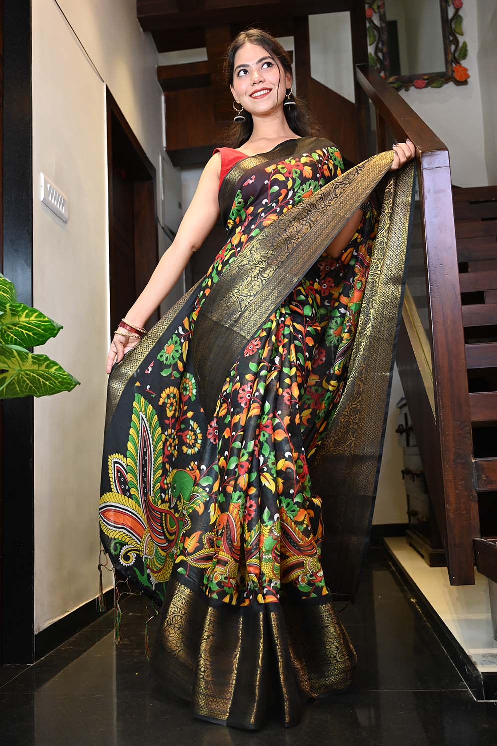 Ready To Wear Bhagalpuri Silk Kalamkari printed with woven design border Wrap in 1 minute saree - Isadora Life