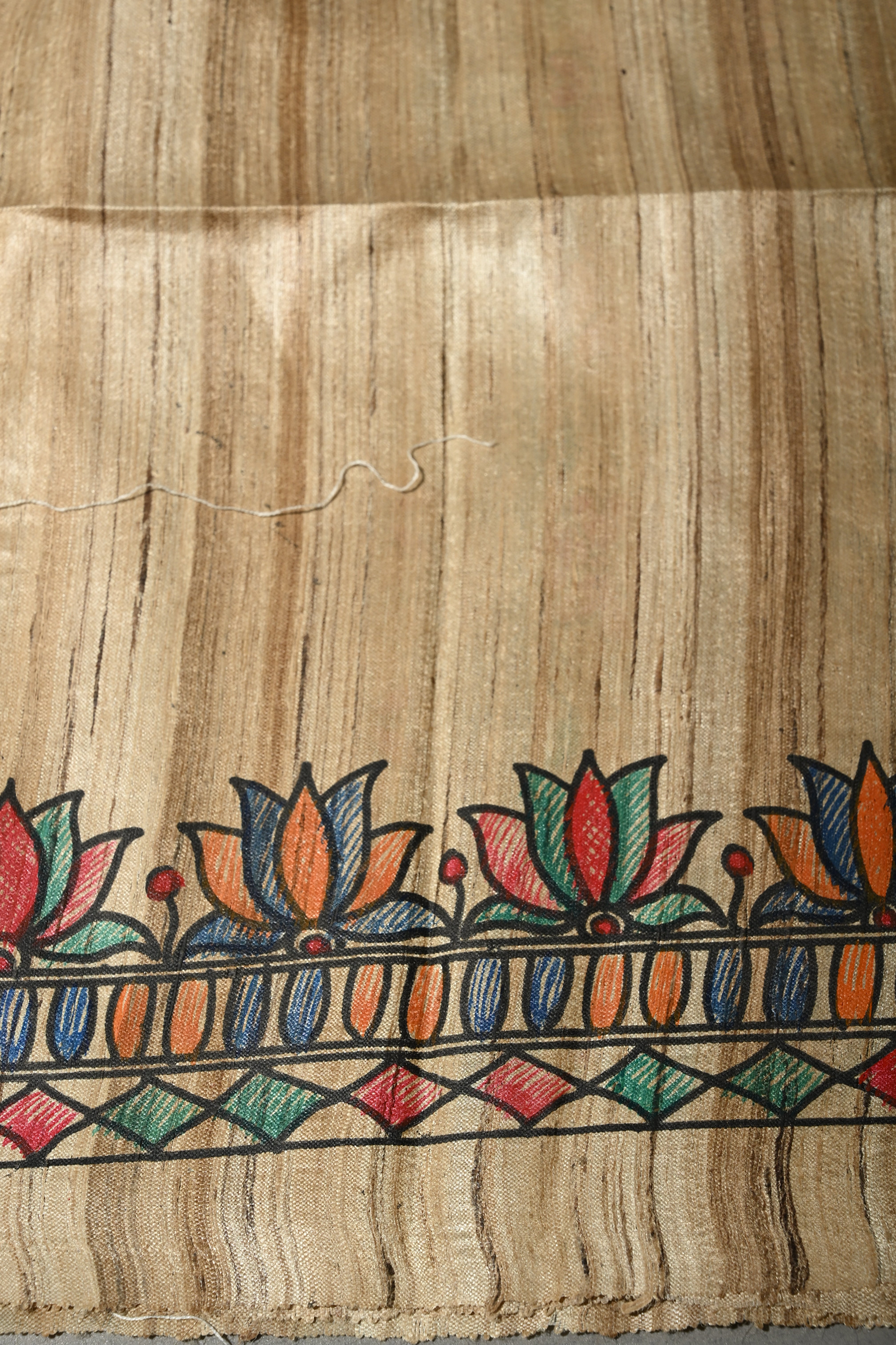 Natural Color Pure Handloom Tussar Hand Painted Madhubani Saree with Border | SILK MARK CERTIFIED | Shobitam