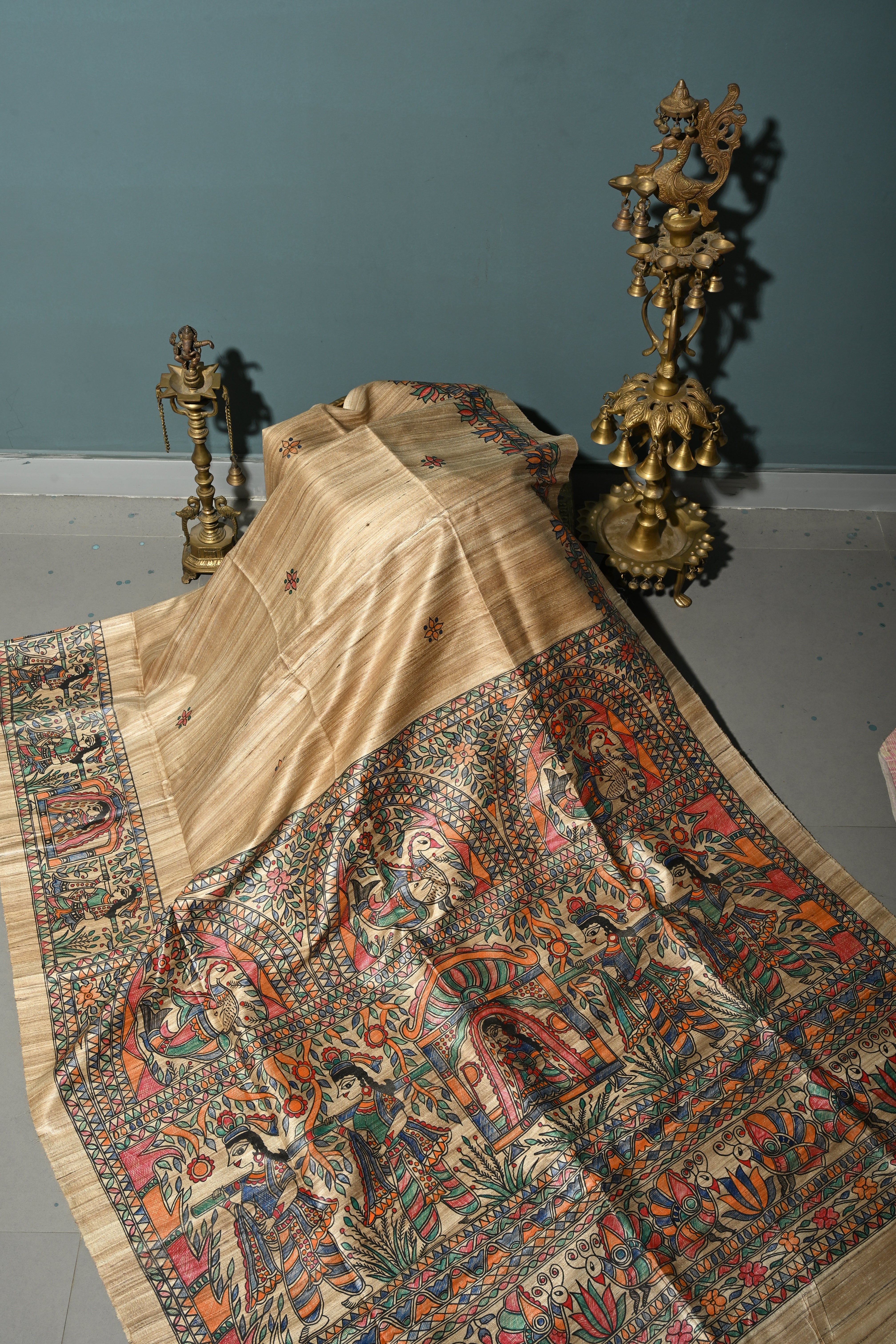 Natural Color Pure Handloom Tussar Hand Painted Madhubani Saree with Border | SILK MARK CERTIFIED | Shobitam