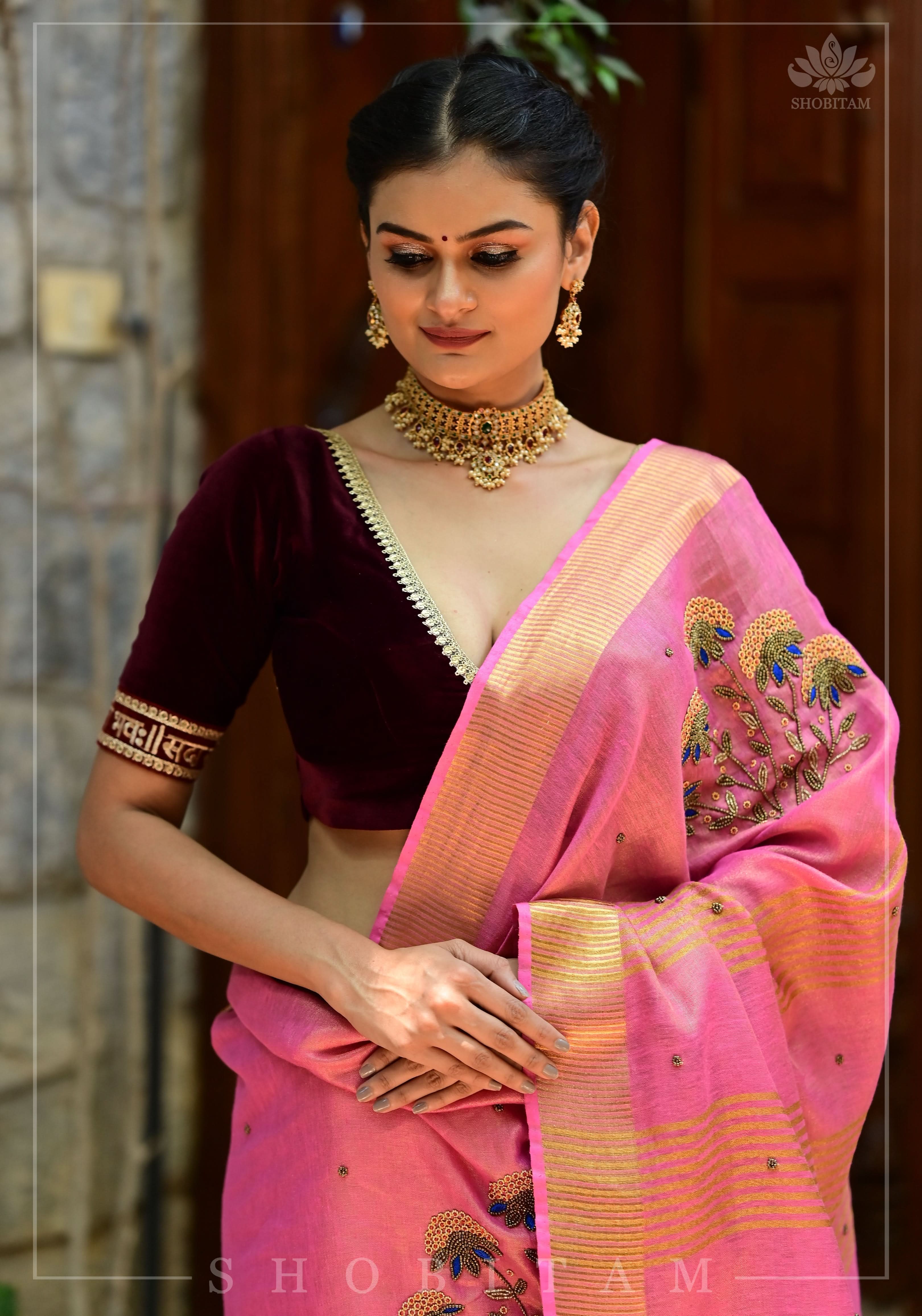 Bead and embroidery handwork on Tissue Linen Saree in Pink and Gold Tissue | Shobitam