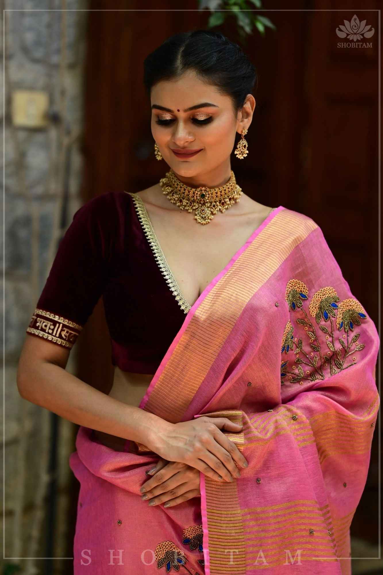 Exquisite Sada Sowbhagyawati Trim Border on Maroon Velvet Blouse