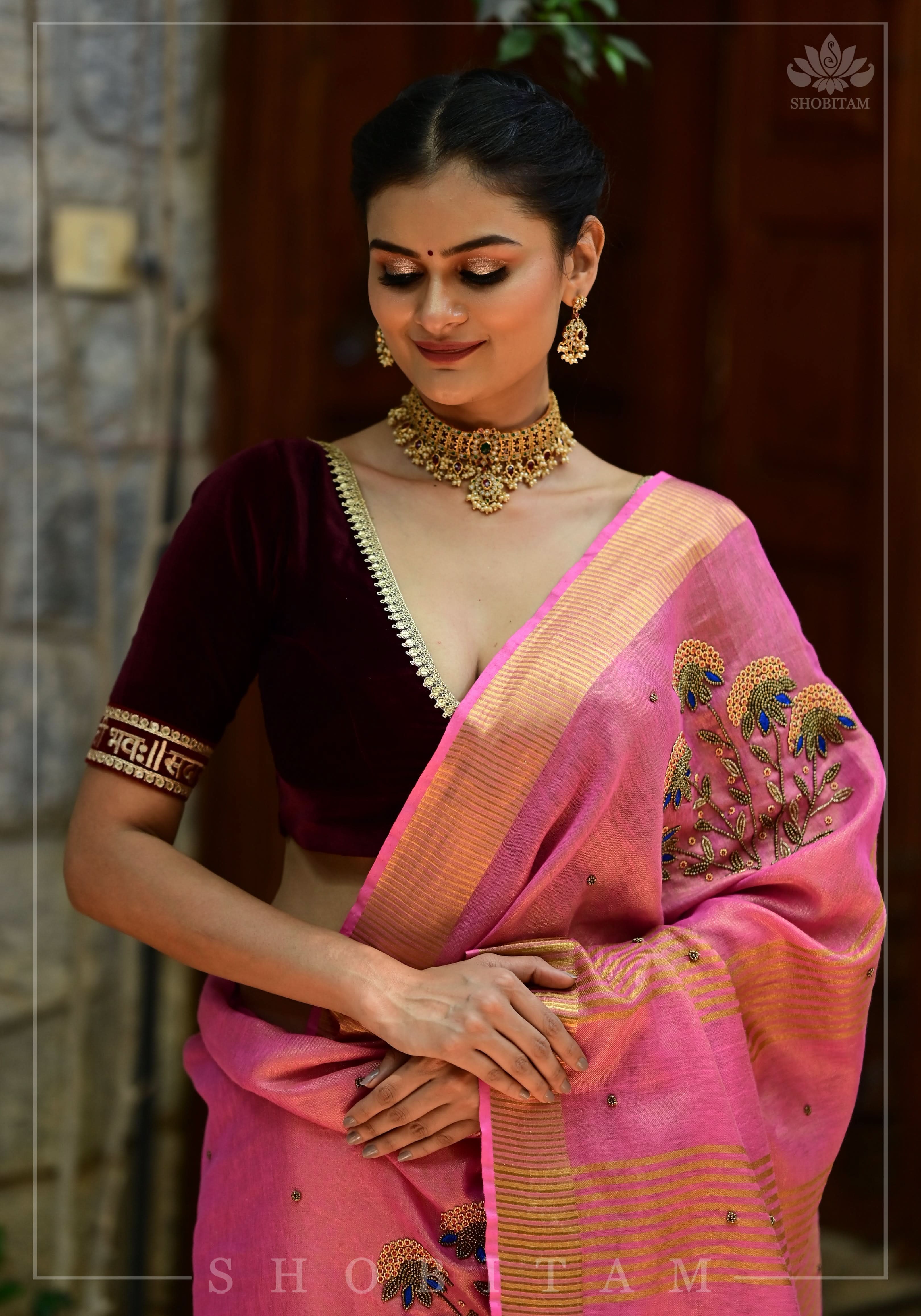Exquisite Sada Sowbhagyawati Trim Border on Maroon Velvet Blouse | Shobitam