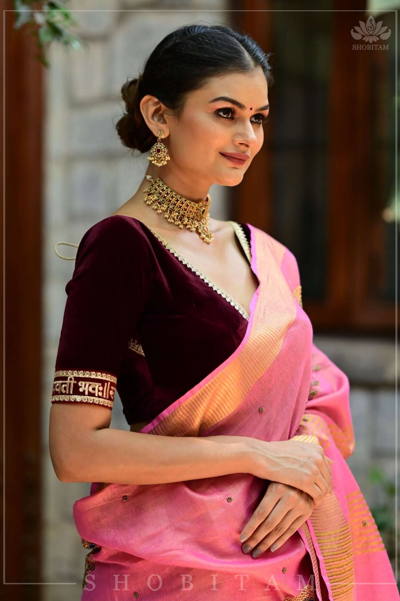 Exquisite Sada Sowbhagyawati Trim Border on Maroon Velvet Blouse