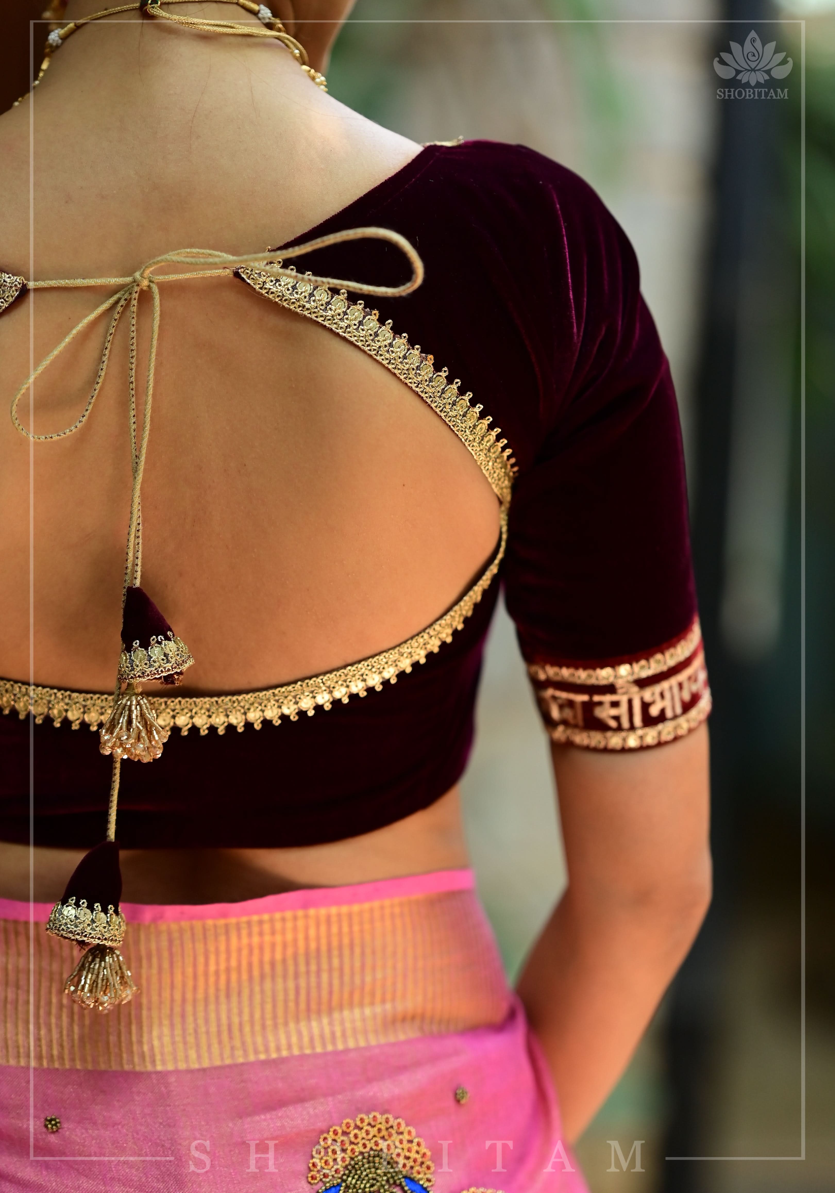 Exquisite Sada Sowbhagyawati Trim Border on Maroon Velvet Blouse | Shobitam