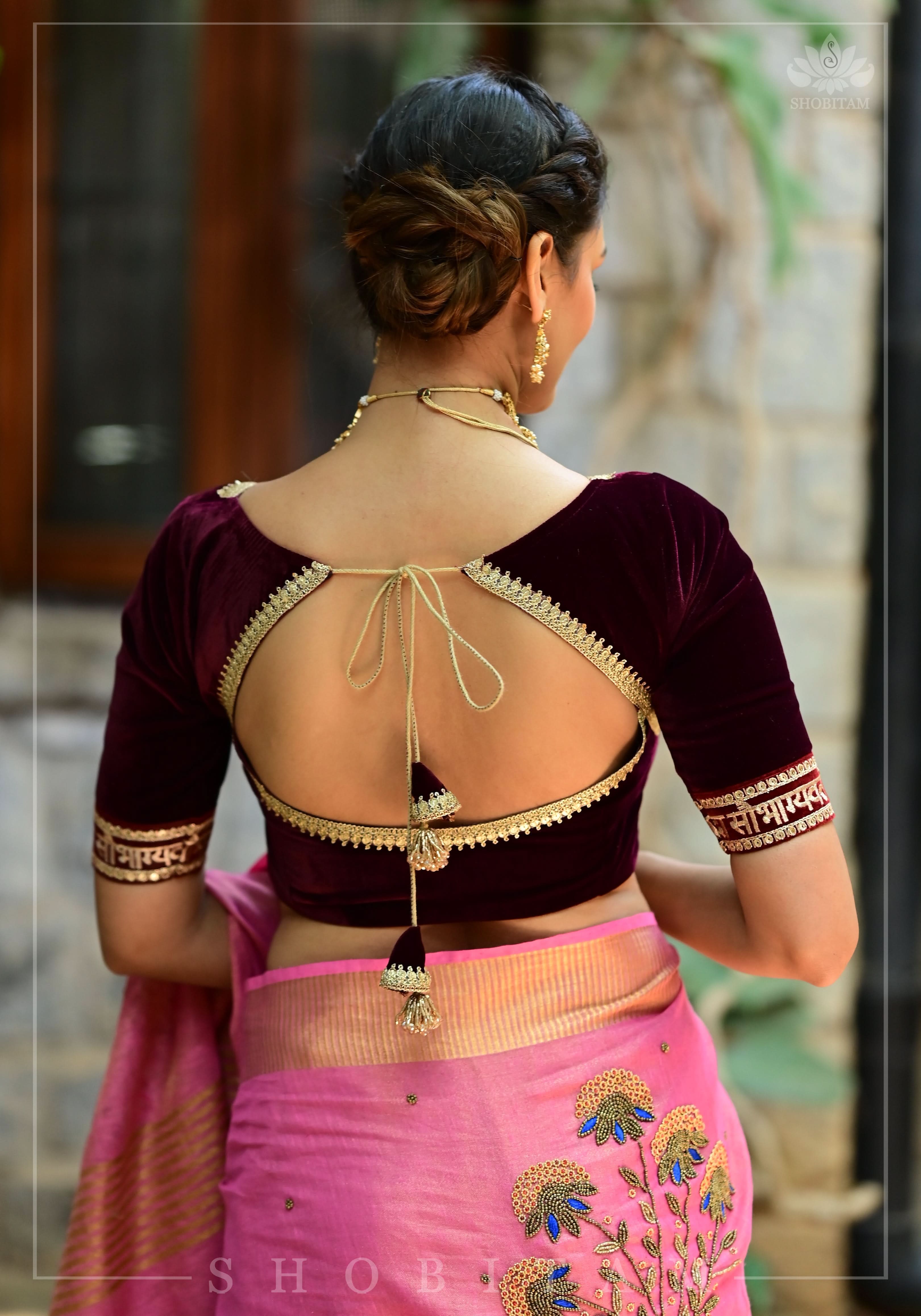 Exquisite Sada Sowbhagyawati Trim Border on Maroon Velvet Blouse | Shobitam